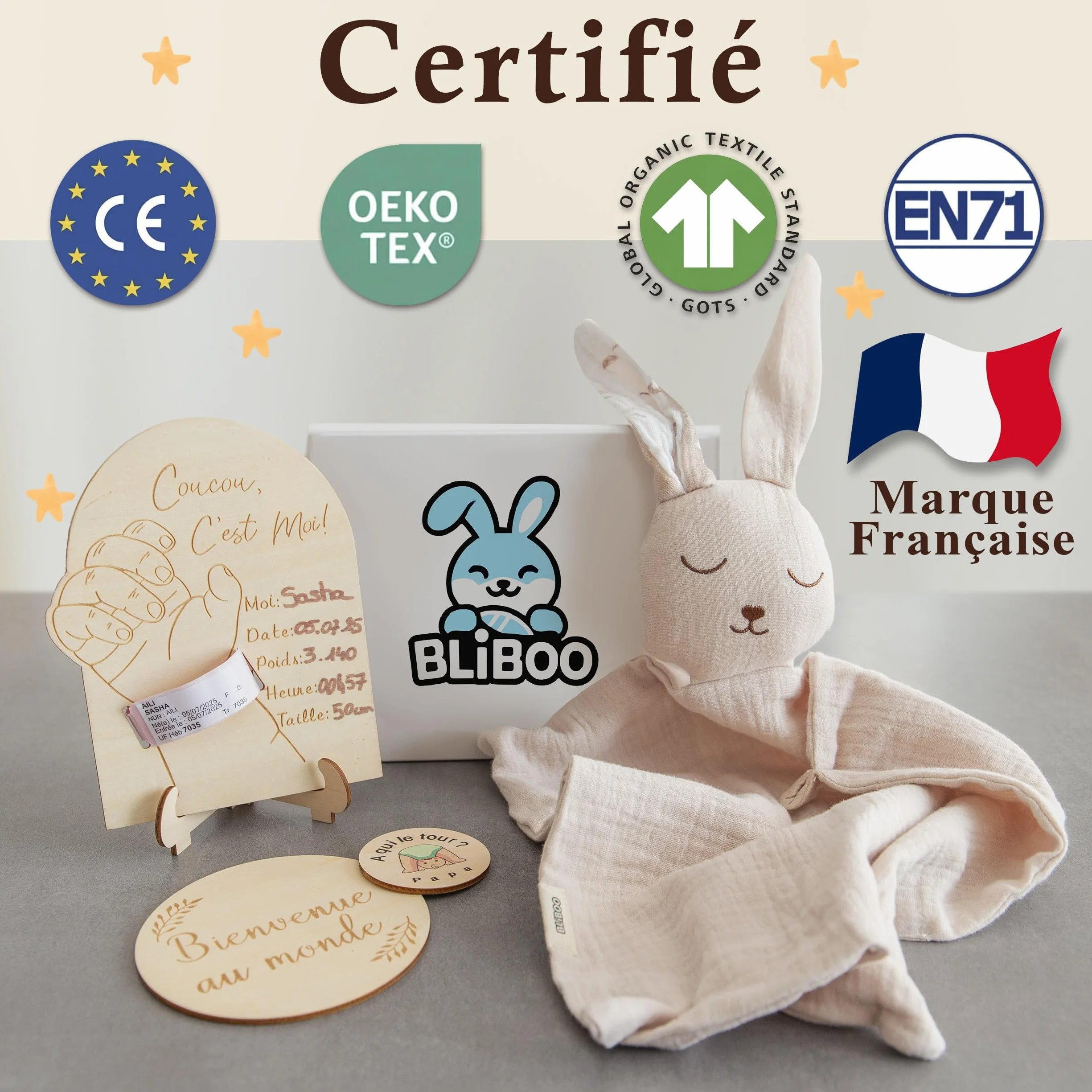BLIBOO Coffret Cadeau Naissance Doudou Lapin Double Expression 100% Coton Bio Certifié GOTS OEKO-TEX