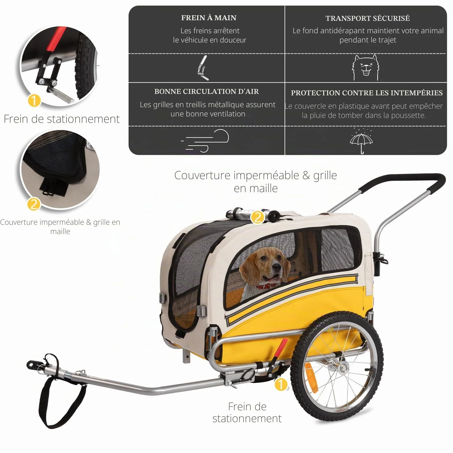 Remorque pour Chien 2 en 1 Vélo Jogging, Chariot Transport 30 kg Pliable avec Freins
