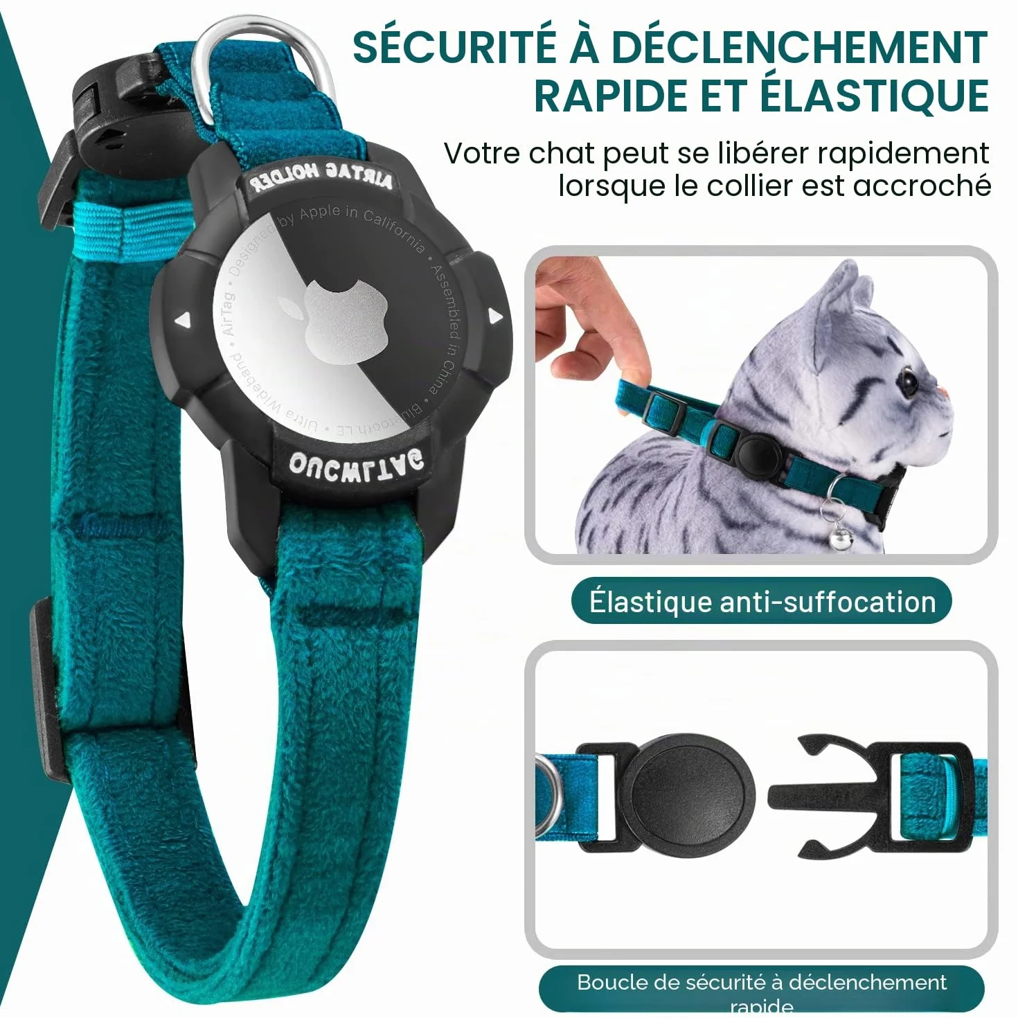 Collier Chat Airtag Luminescent Apple Support avec Boucle Sécurité Anti-étouffement Sangle Élastique Bleu 23-33cm