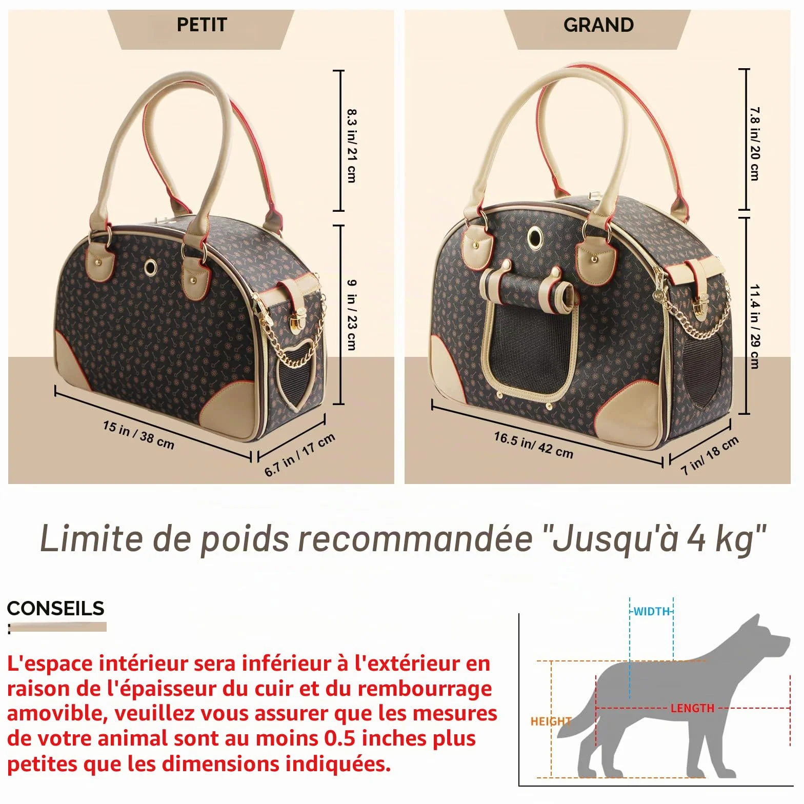 Sac à Main Tendance en Cuir synthétique pour Chien, Chat, Sac fourre-Tout pour Animal Domestique, Chat, Chien, Sac de randonnée, Marron, Taille S, 38 x 23 x 17 cm
