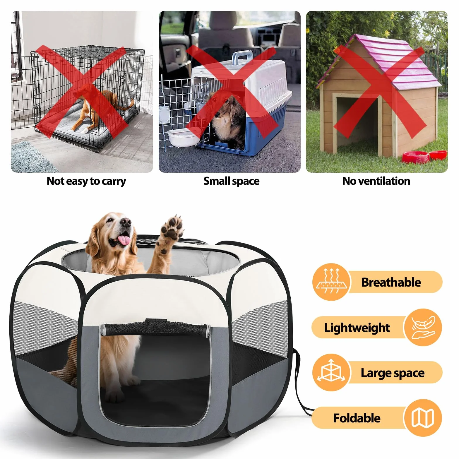 Parc pour Chien Pliable Portable avec Sac Rangement, Enclos pour Chat Chiot Petits Animaux Interieur Exterieur, Tissu Oxford Beige White 110x110x60cm