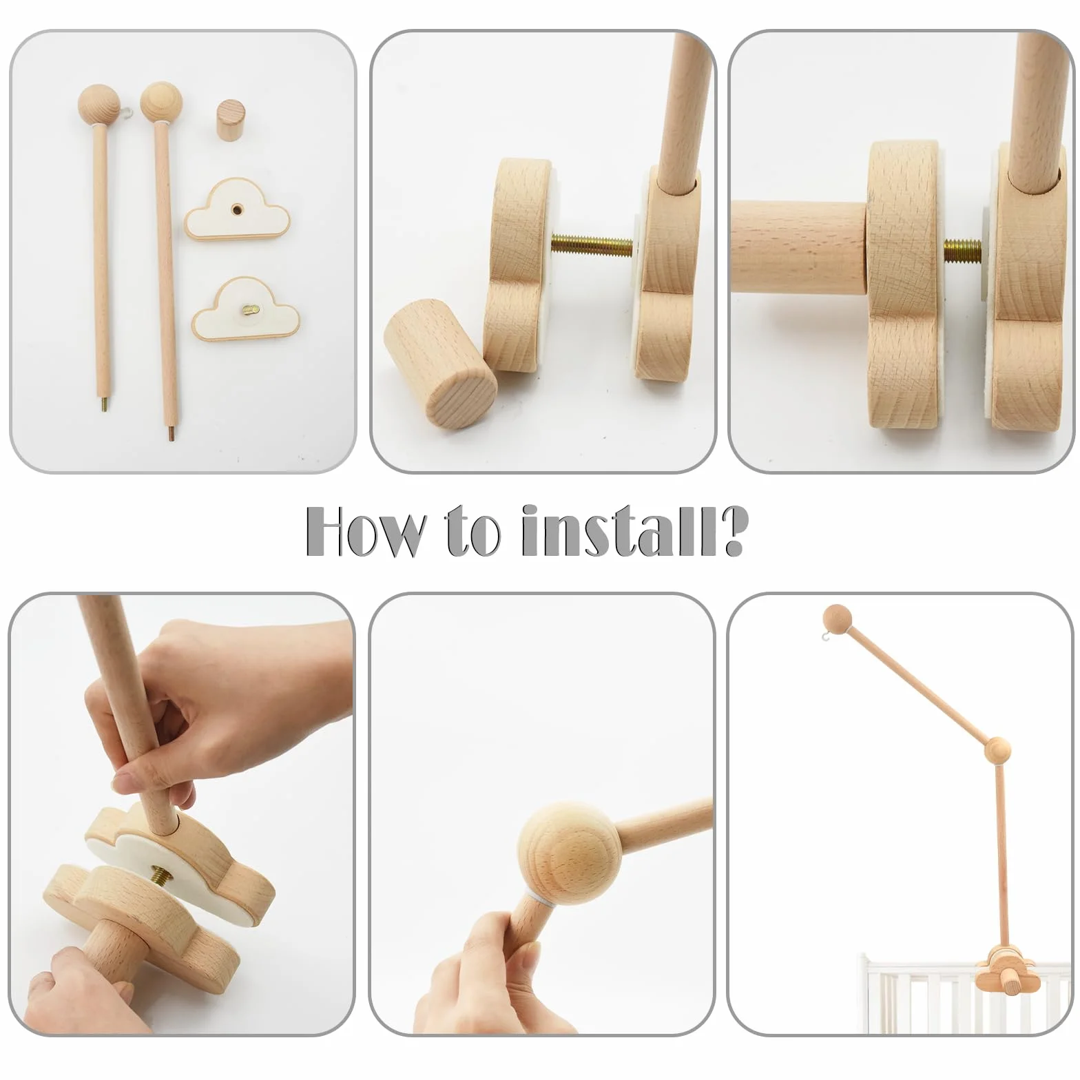 Mobile bébé en bois Aolkee, amovible réglable, suspension berceau, jouet pare-brise, brun