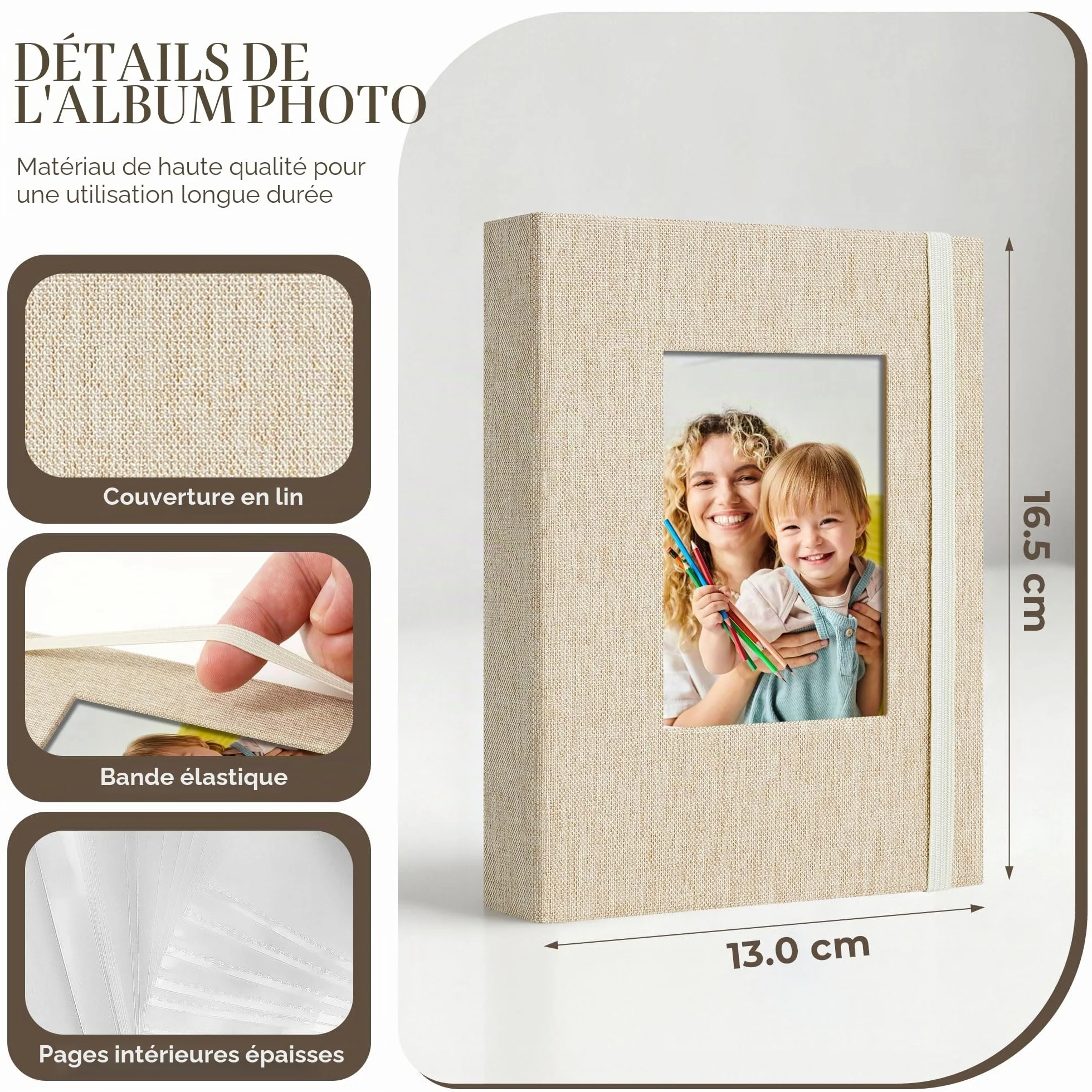 Petit Album Photo 10x15 cm, 2 Paquets Mini Albums Photos avec Fenêtre Personnalisée, Couverture en Lin, 26 Poches 52 Photos, Beige