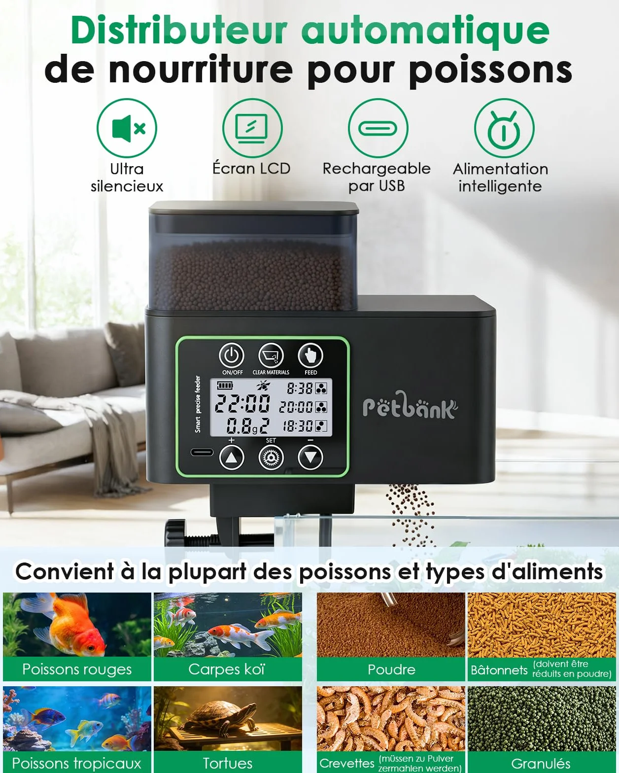 Distributeur Nourriture Poisson 230/510mL, Distributeur Automatique Poisson avec Timer, Distributeurs de Nourriture Aquarium Rechargeable USB, Écran LCD – Distributeurs de Nourriture Aquarium