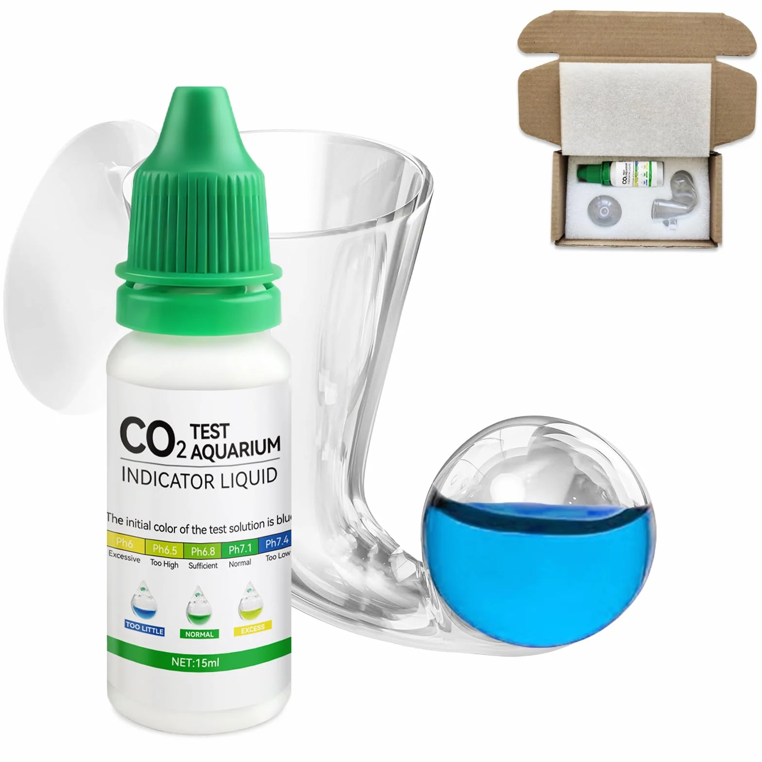 Drop Checker Co2, Co2 Aquarium, Kit co2 Aquarium avec 15 ML Indicateur 20 MG/L Surveille avec Précision la Concentration de Dioxyde de Carbone, pour aux Aquariums d'eau Douce