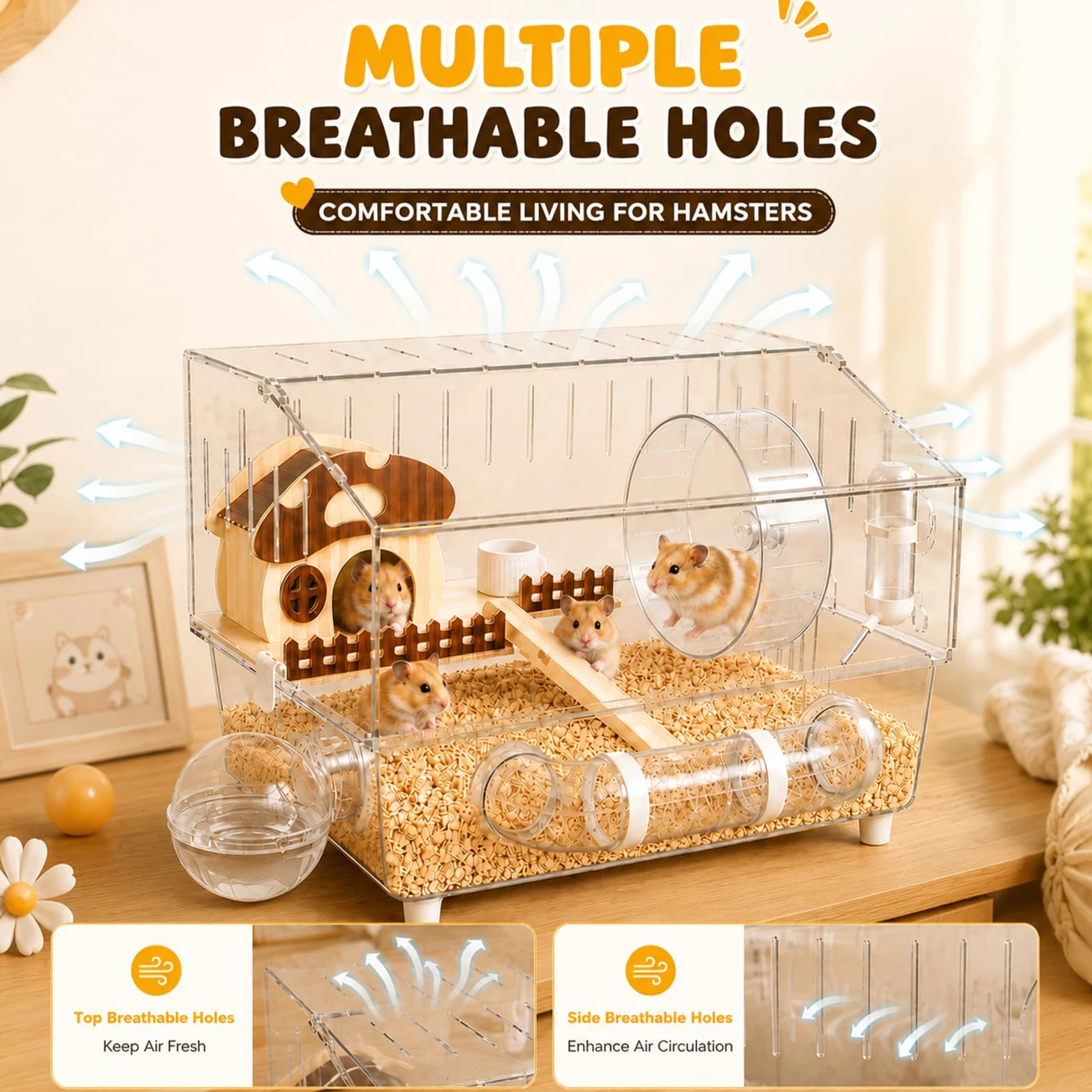 Grande cage à hamster en acrylique avec accessoires, habitat pour hamster à 2 couches avec roue d'exercice, tunnel et plate-forme, cage à souris transparente pour hamsters nains, gerbilles et petits