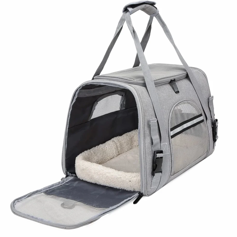 Sac Transport Chat Chien Respirant Pliable Caisse avec Bandoulière Réglable Matelas en Peluche Amovible