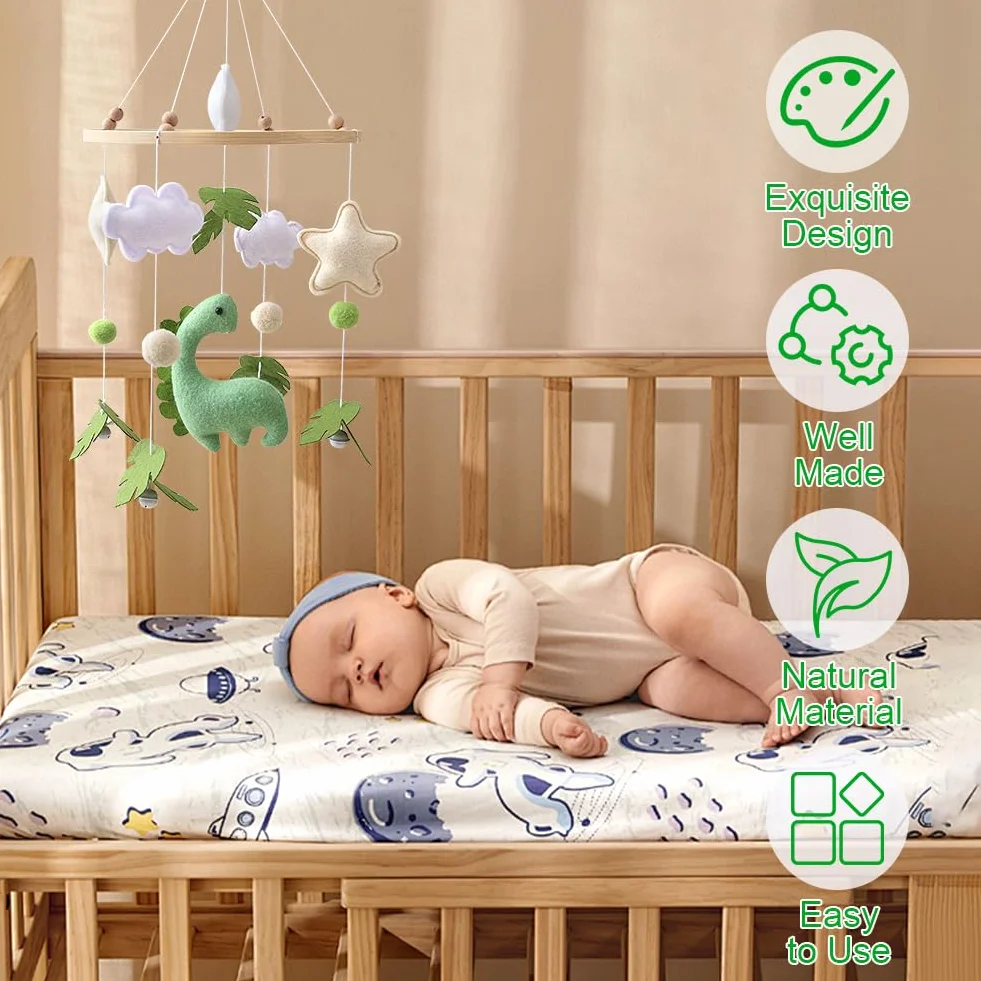 Mobile Lit Bébé Bois avec Feutre Dinosaures Feuilles Nuages Étoiles Clochette Cadeau Fille Garçon
