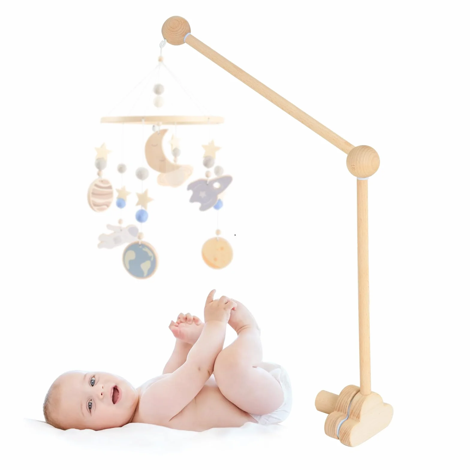 Support Mobile Bebe Bois, Support de Lit Rotatif, Base Nuage, Suspension Carillons pour Lit Enfant et Table à Langer