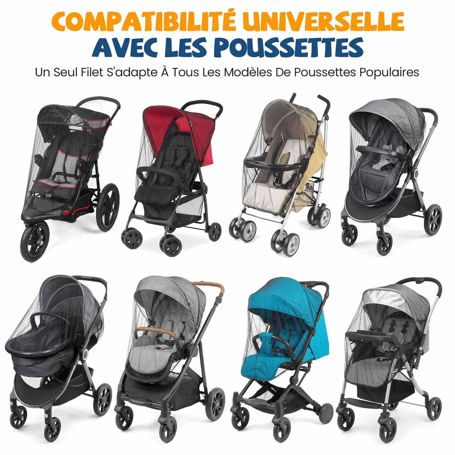 Lot de 2 Moustiquaire Poussette Universelle avec Bord Élastique, Maille Polyester Résistante, Protection Insectes, Noir