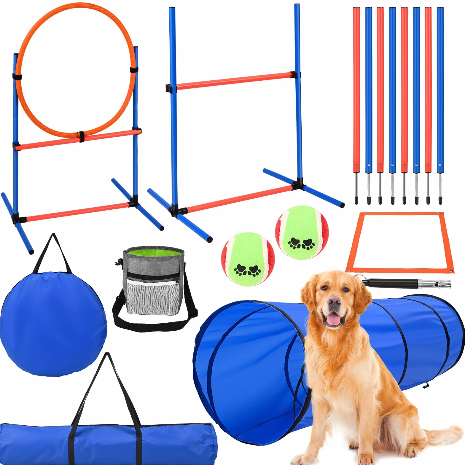 Agility Kit pour Chien avec Tunnel 170 cm, 8 Barres de Slalom, Hauteur réglable