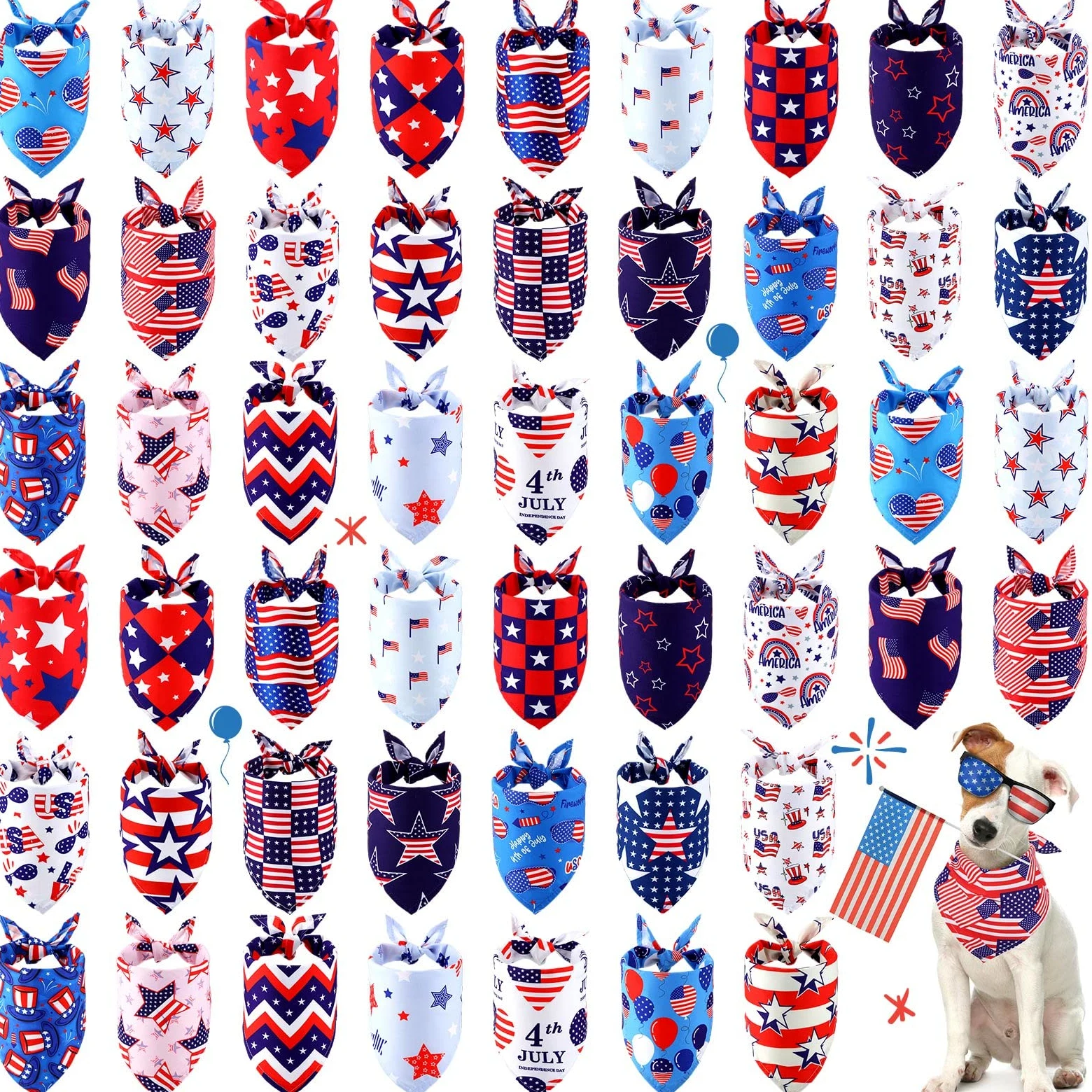 Sumind Lot de 50 bandanas patriotiques pour chien en vrac - Bandanas triangulaires doux avec motifs de jour de l'indépendance pour le jour de l'indépendance - Accessoires de décoration