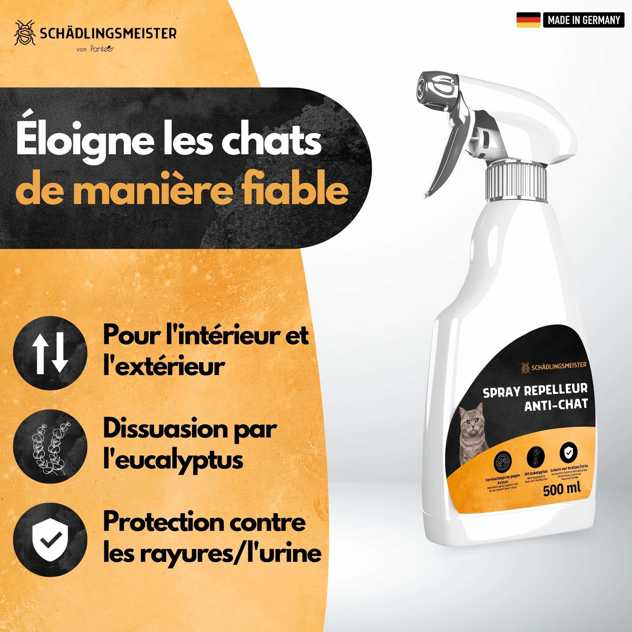 Panteer Spray répulsif pour chats 500ml - Protection longue durée contre urine - Eucalyptus