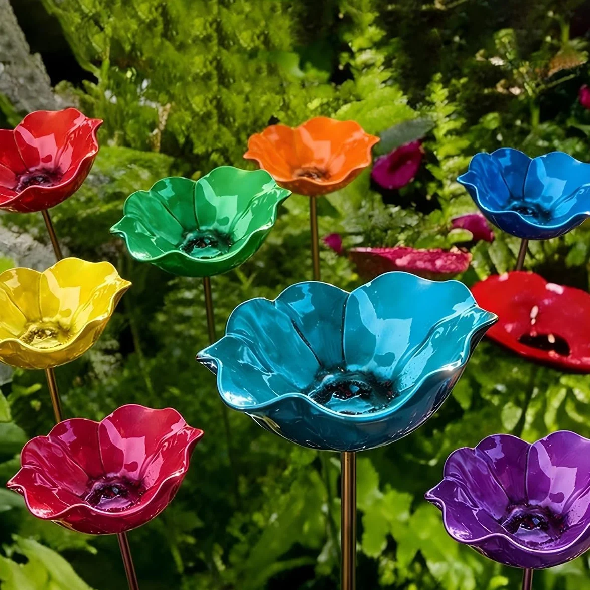 Bain d'oiseaux Abreuvoir Abeilles en Métal Motif Fleur Extérieur Résistante Intempéries Jardin Décoration (Red)