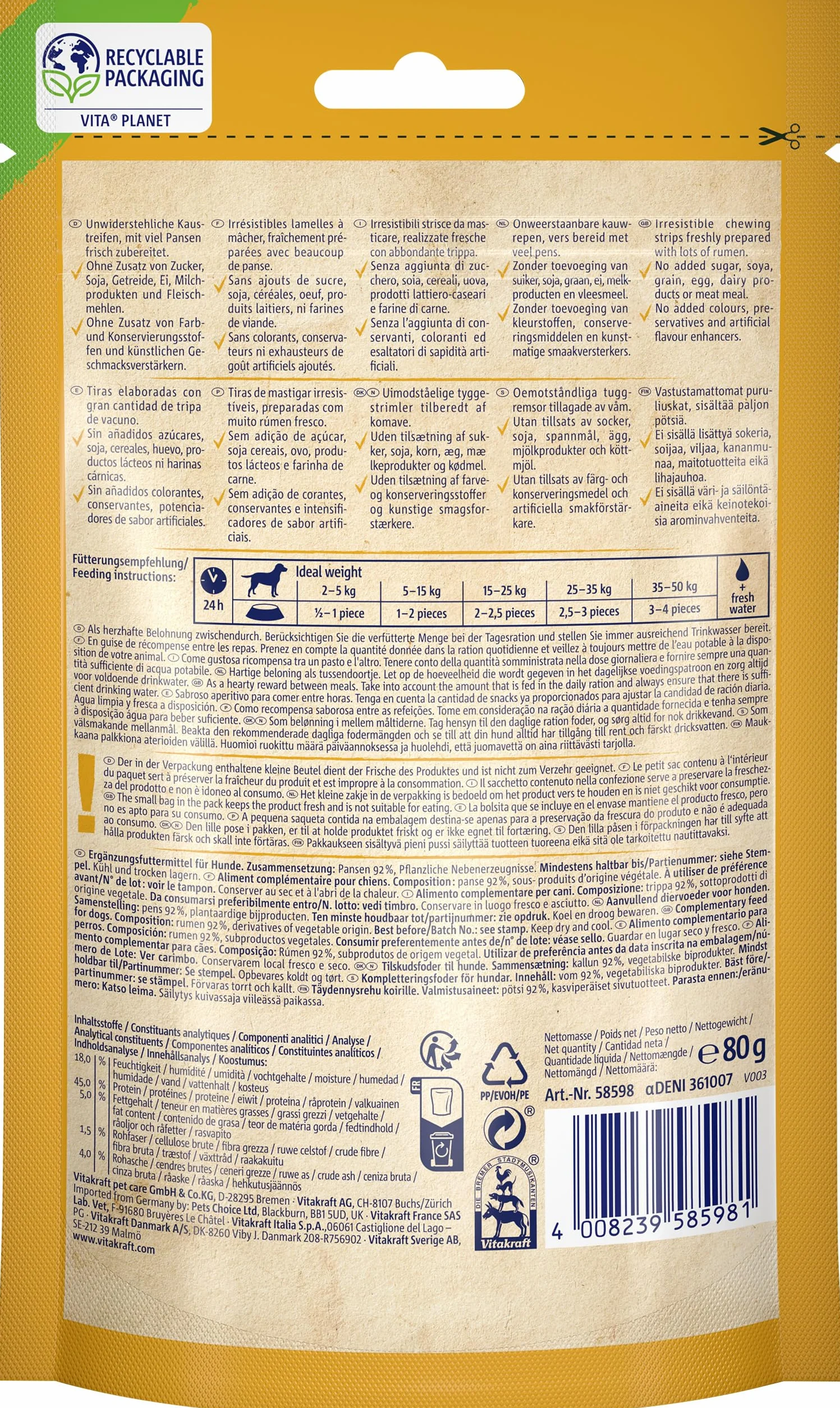 VITAKRAFT Pure Beef Strips Friandises pour Chiens Lamelles De Panse De Bœuf 1x80g