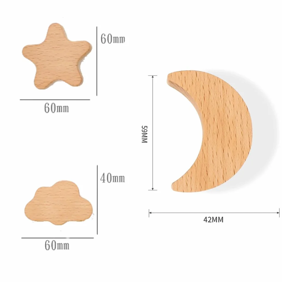 Lot de 6 boutons d'armoire en bois massif étoiles lune nuages pour enfants