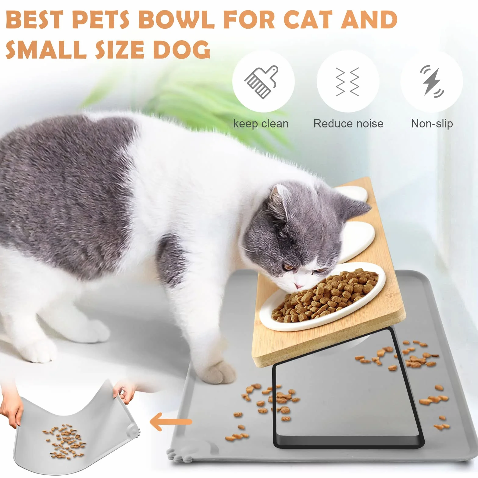 Gamelle Surélevée pour Chat et Petits Chiens, 3 Bols Céramique avec Support Incliné 15° et Tapis