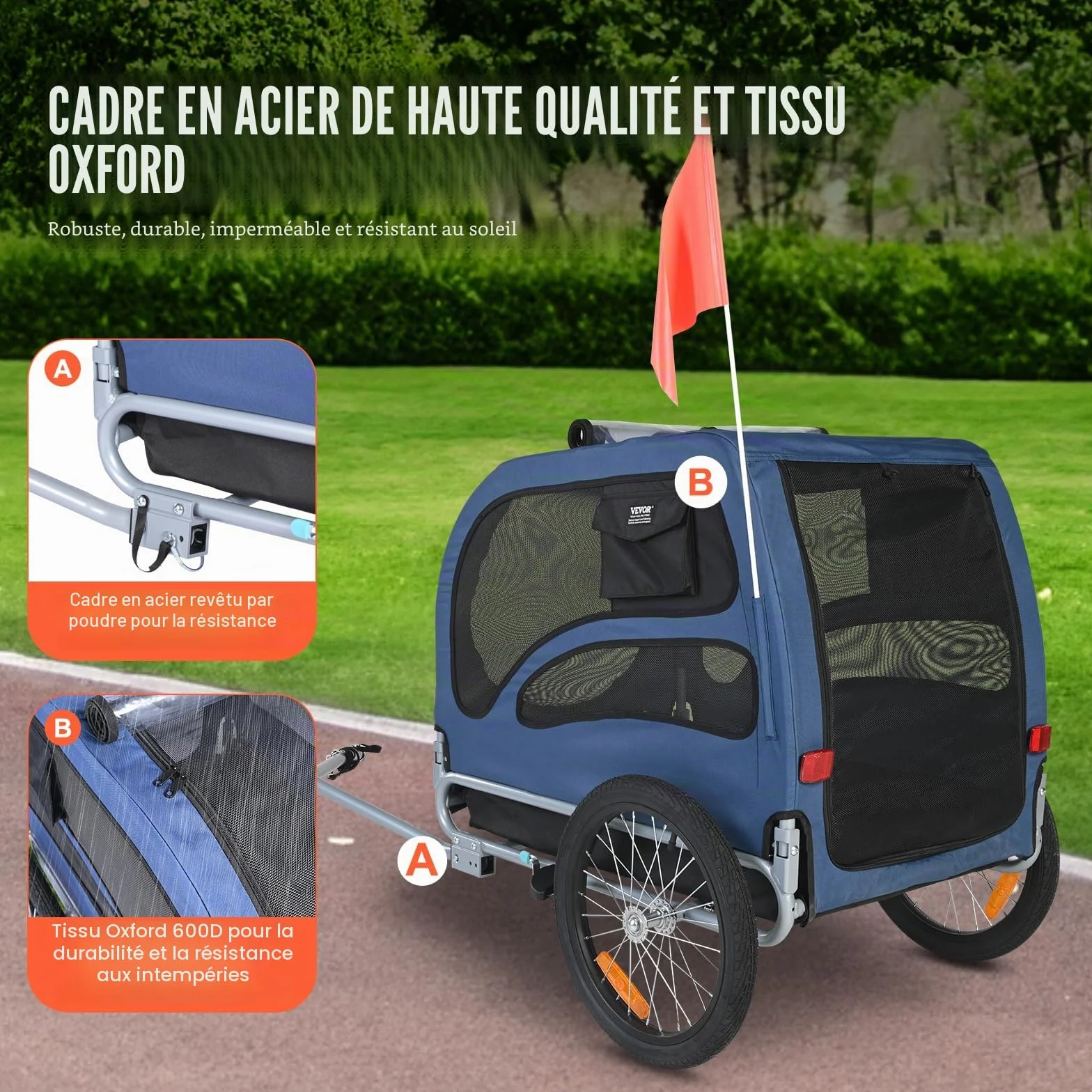 VEVOR Remorque de vélo pour Chien 30 kg Acier au Carbone Tissu Oxford 600D Pliable 1440 x 720 x 779 mm Orange Gris
