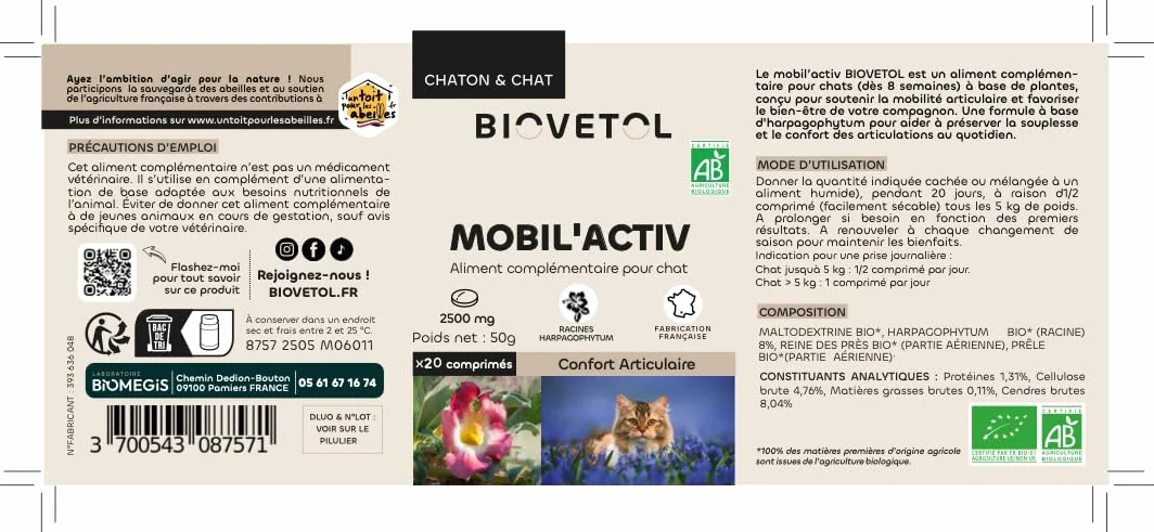 Biovetol Comprimés Mobil'Activ pour Chat Complément Alimentaire Anti-Arthrose 20 comprimés
