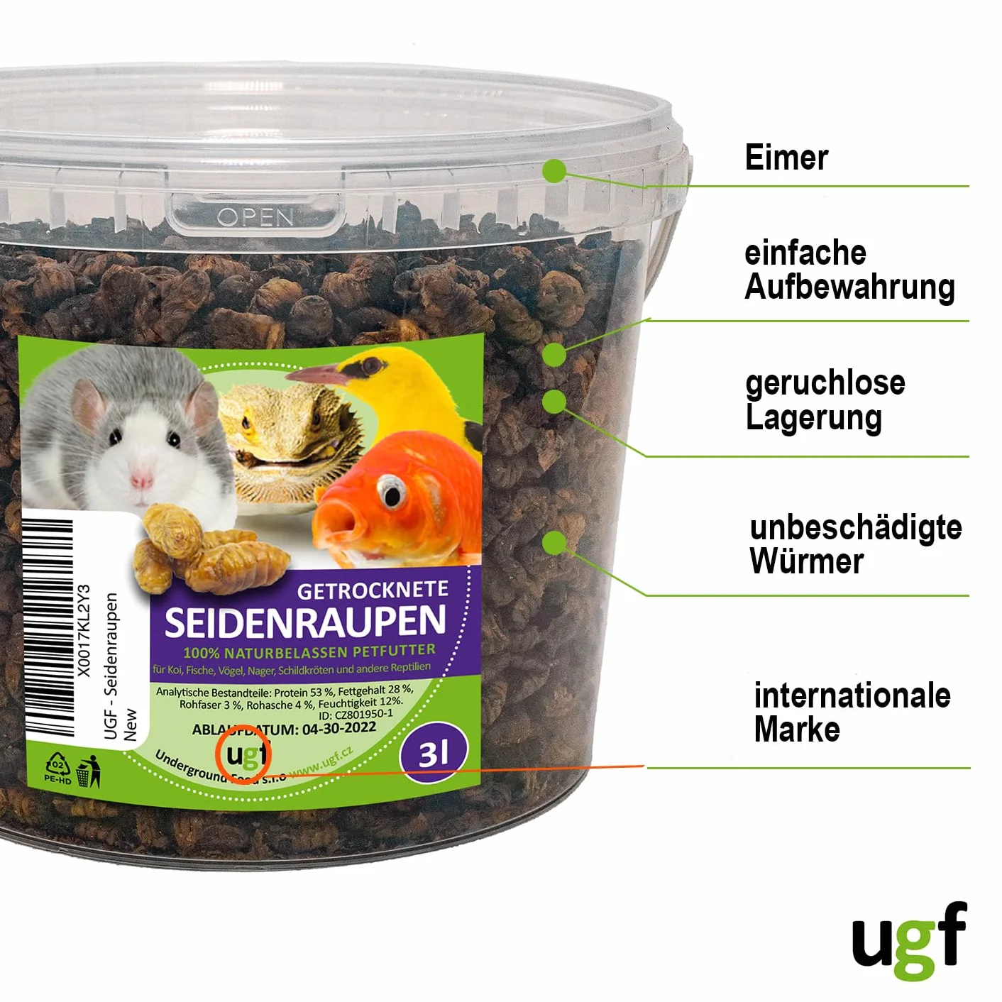UGF vers à Soie séchés 800 g Seau de 3 litres Nourriture pour carpes koï et Poissons d'étang