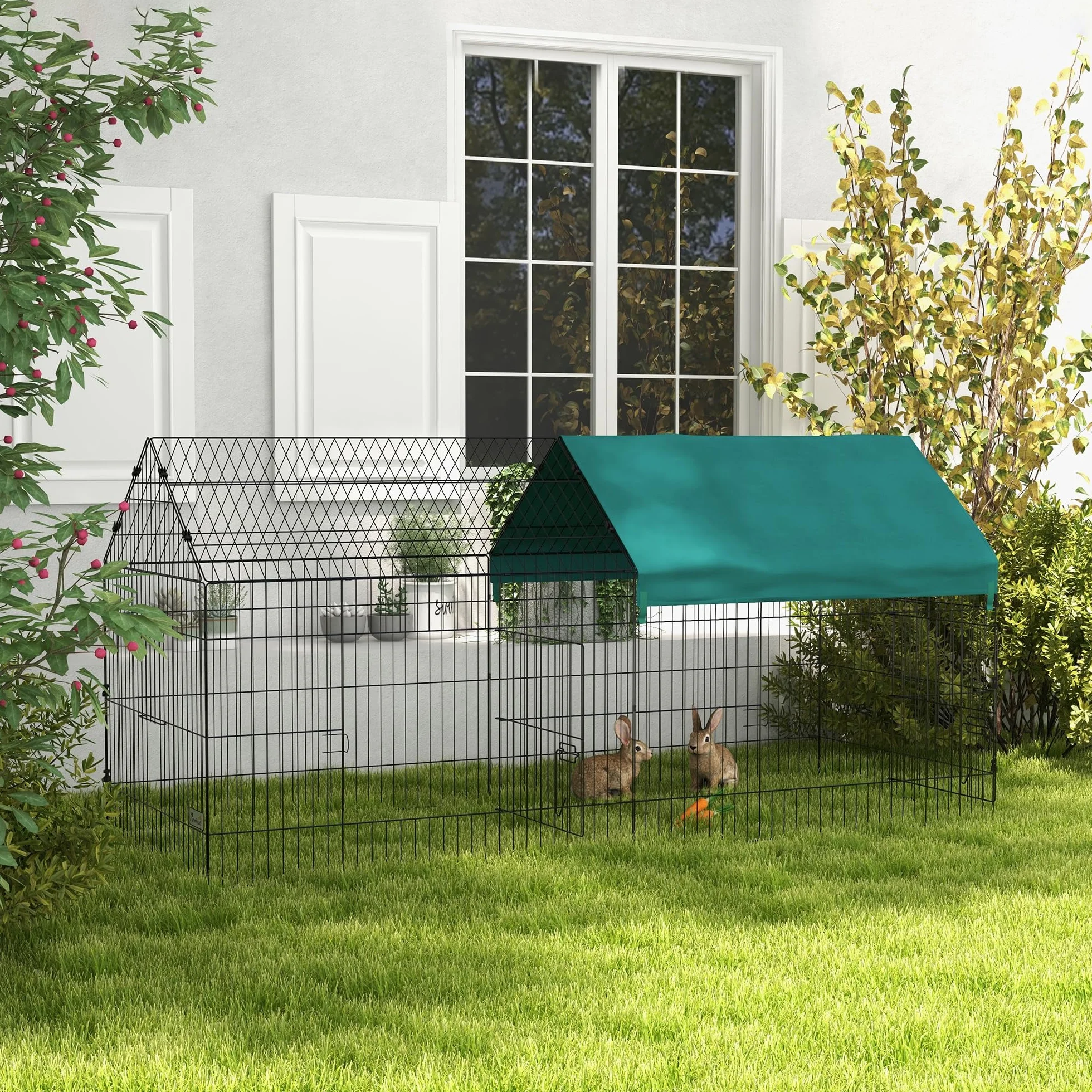 PawHut Parc enclos Cage Lapin extérieur 220 x 85 x 103 cm Acier 2 Portes verrouillables Protection Pare-Soleil Toit Vert