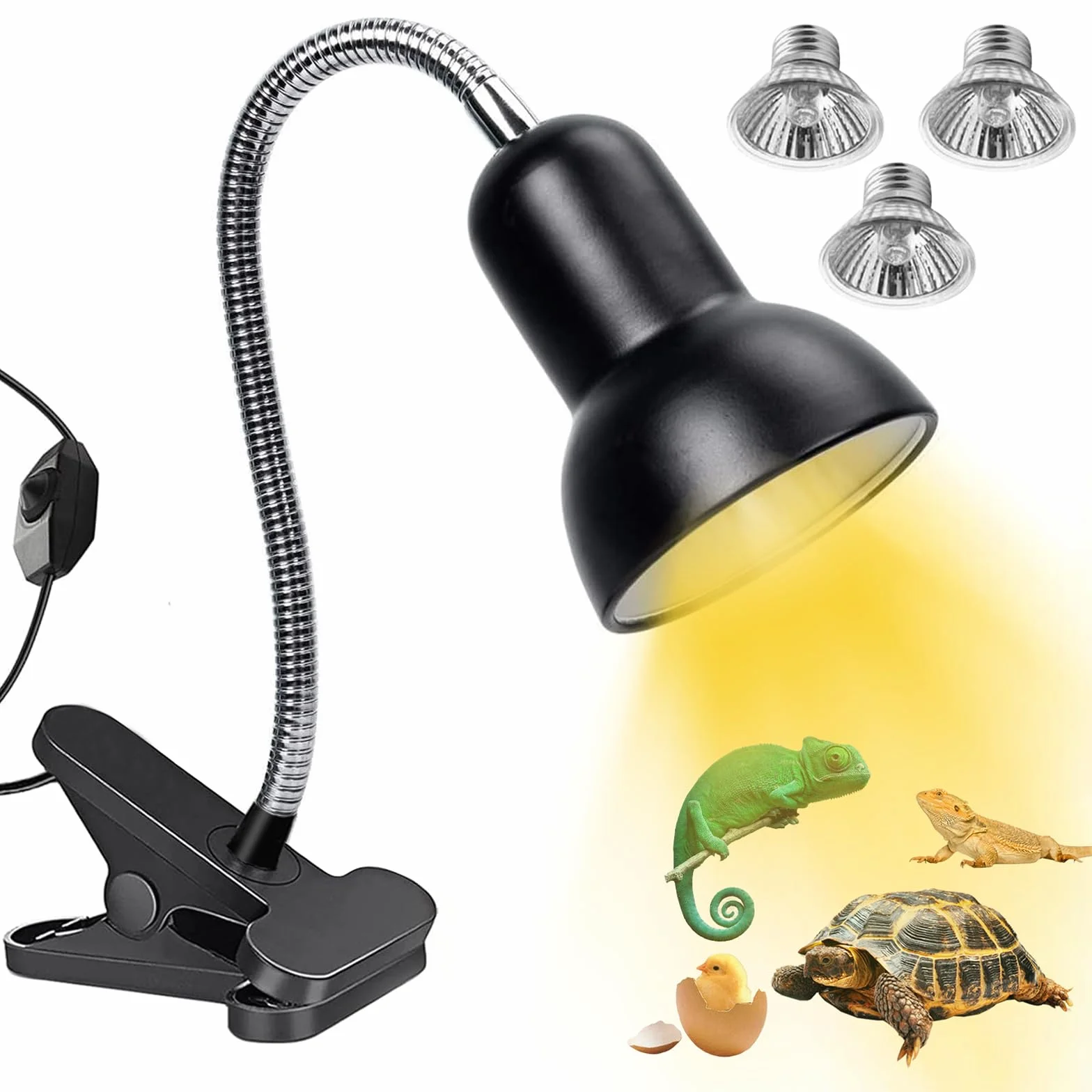 TOGETDREAM Lampe Chauffante Reptiles avec 3 Ampoules UVA UVB 25W 50W Pince Pivotante 360° pour Tortue Serpent Lézard