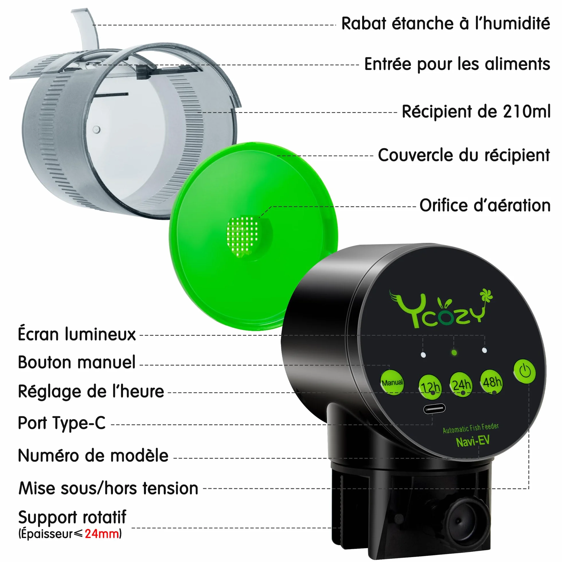 Ycozy Aquarium Distributeur Automatique Poisson Rechargeable Type-C Navi-EV