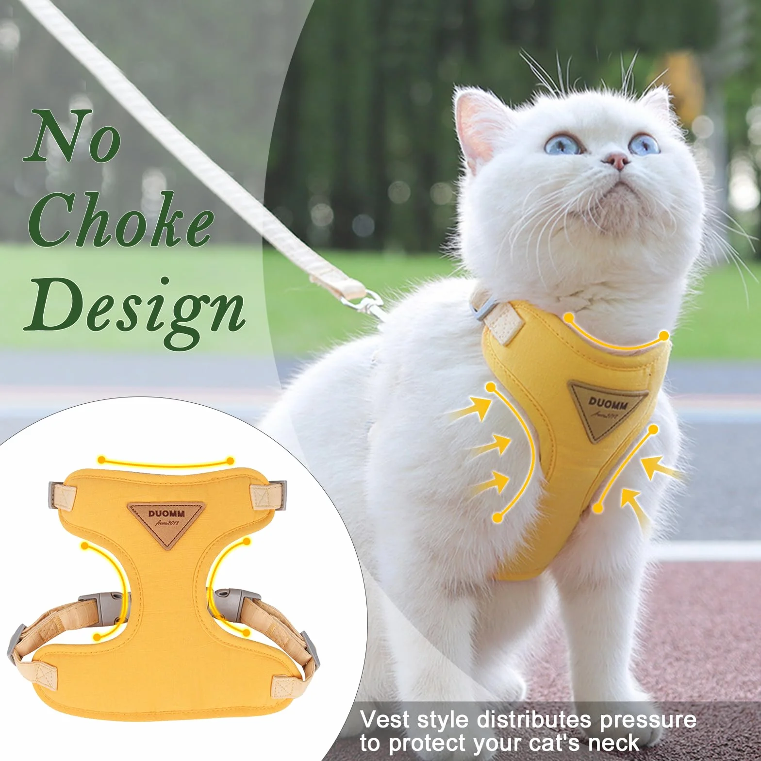 Harnais Chat Anti-évasion Respirant Réglable Gilet avec Collier et Laisse en Maille pour Animaux Jaune