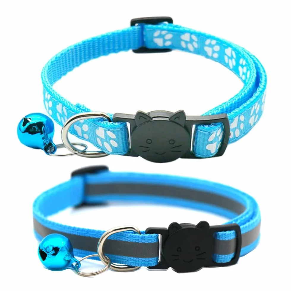Colliers réfléchissants à dégagement rapide pour chat avec clochette, Lot de 2, Bleu clair