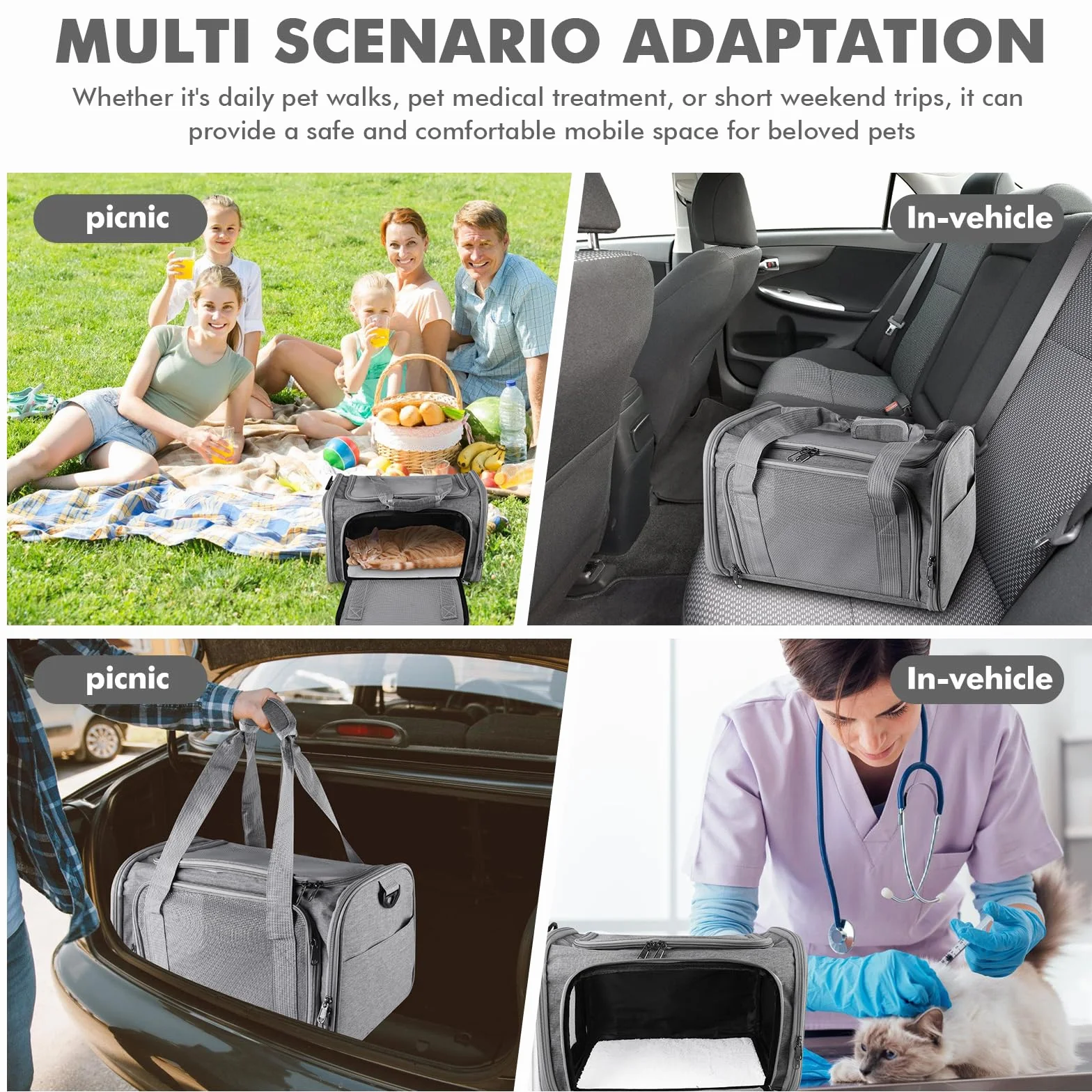Sac de transport pour chat pliable avec bandoulière léger respirant 40 x 25 x 25 cm gris