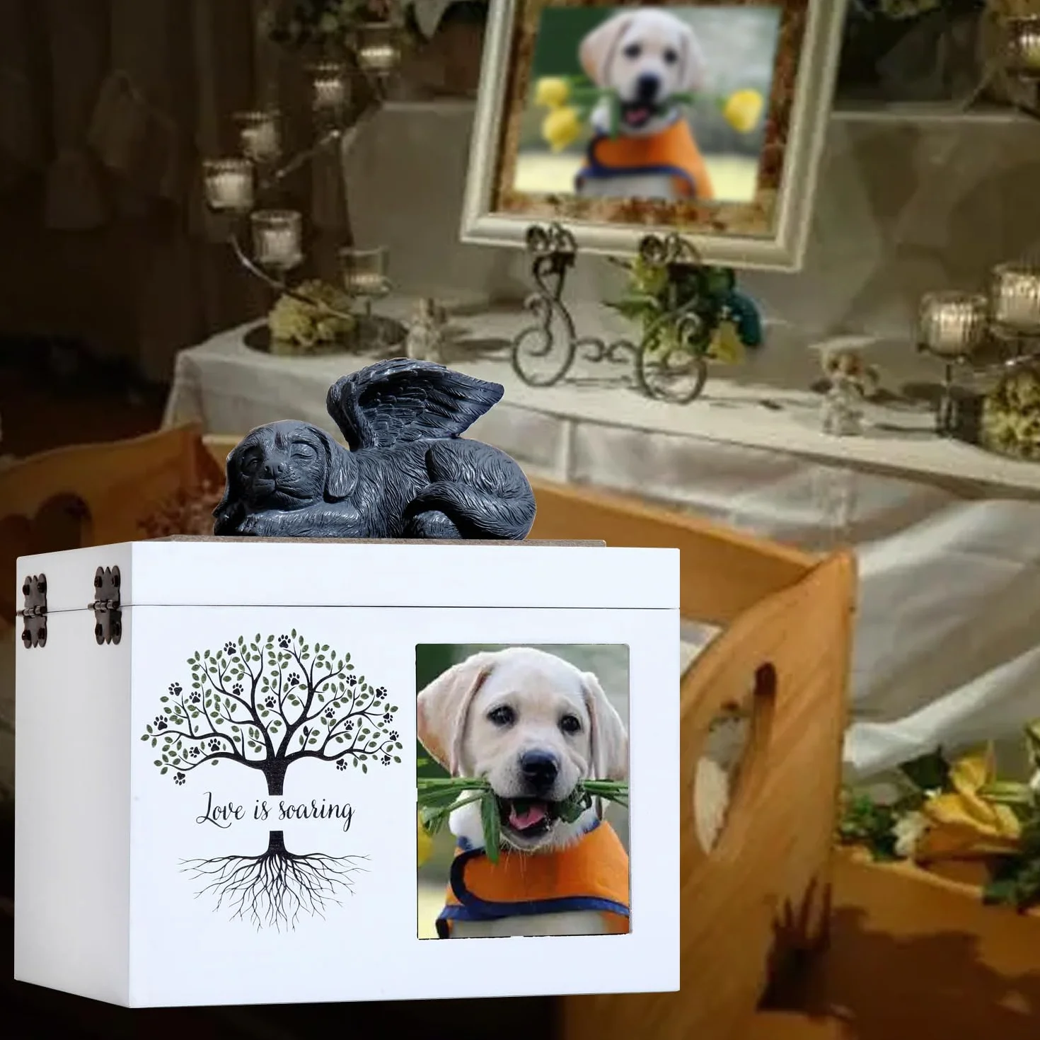 Urne funéraire pour Chien ou Chat en Bois avec Cadre Photo - Boîte à Souvenirs Doublure Flanelle Noire