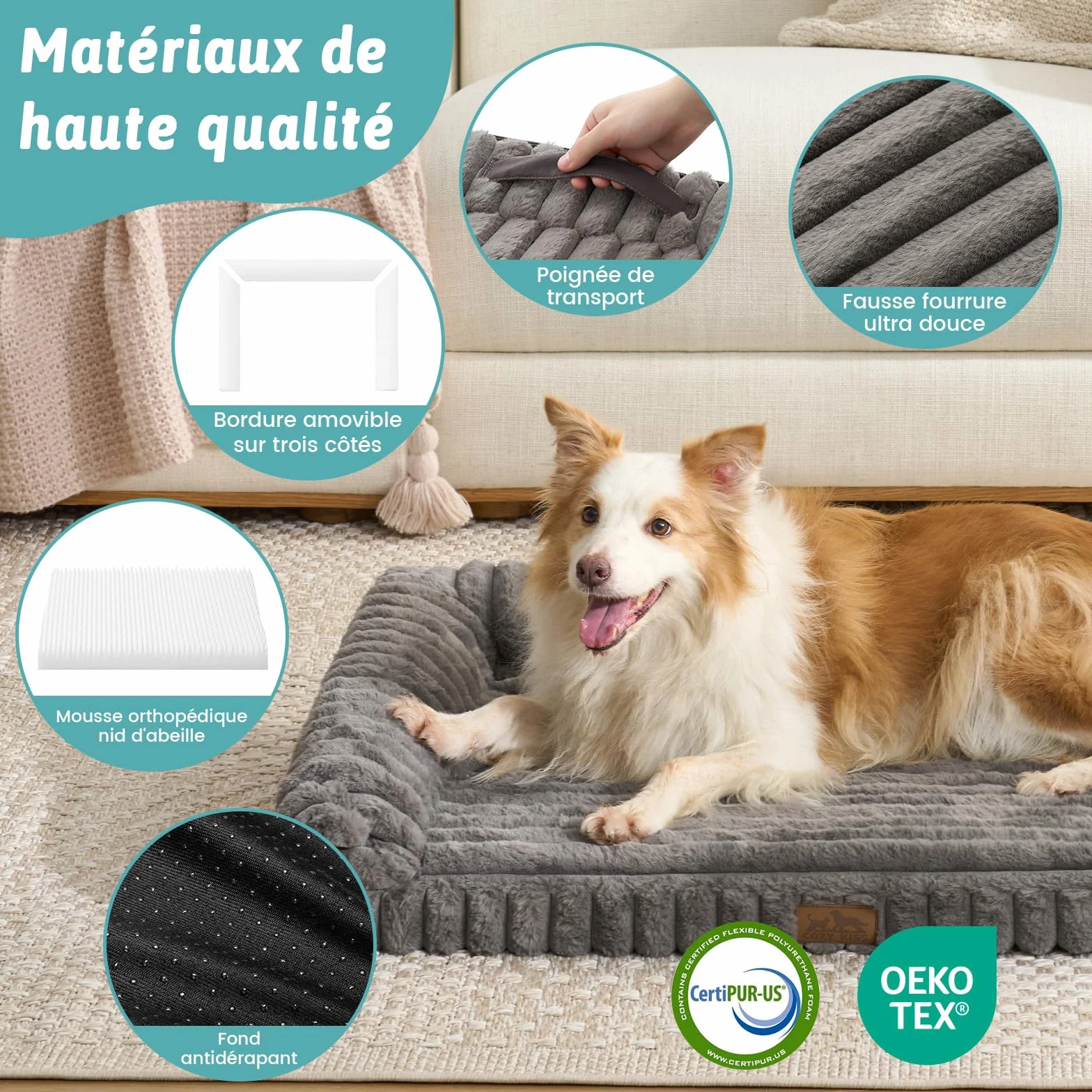 COZY KISS Panier Orthopédique Chien Très Grand 110x80x17cm Lit-Canapé Fausse Fourrure Douce Mousse Mémoire Forme Nid Abeille Coussin Ergonomique Détachable Lavable Gris XL