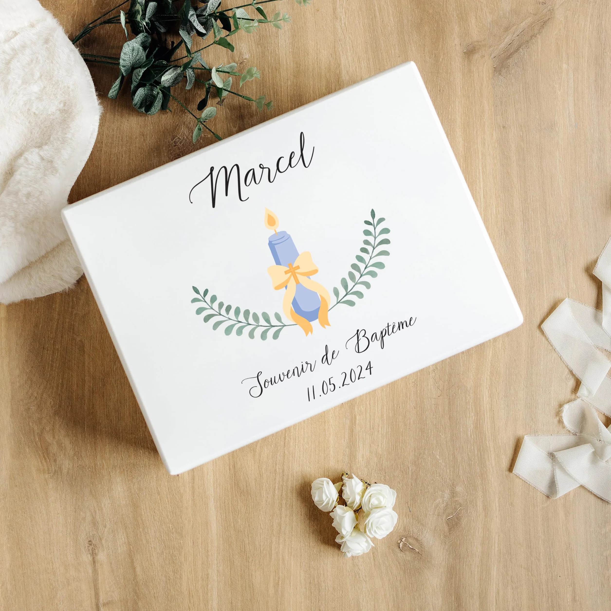 Boite Cadeau Personnalisé Bapteme Garçon Fille en Bois Blanc avec Bougie