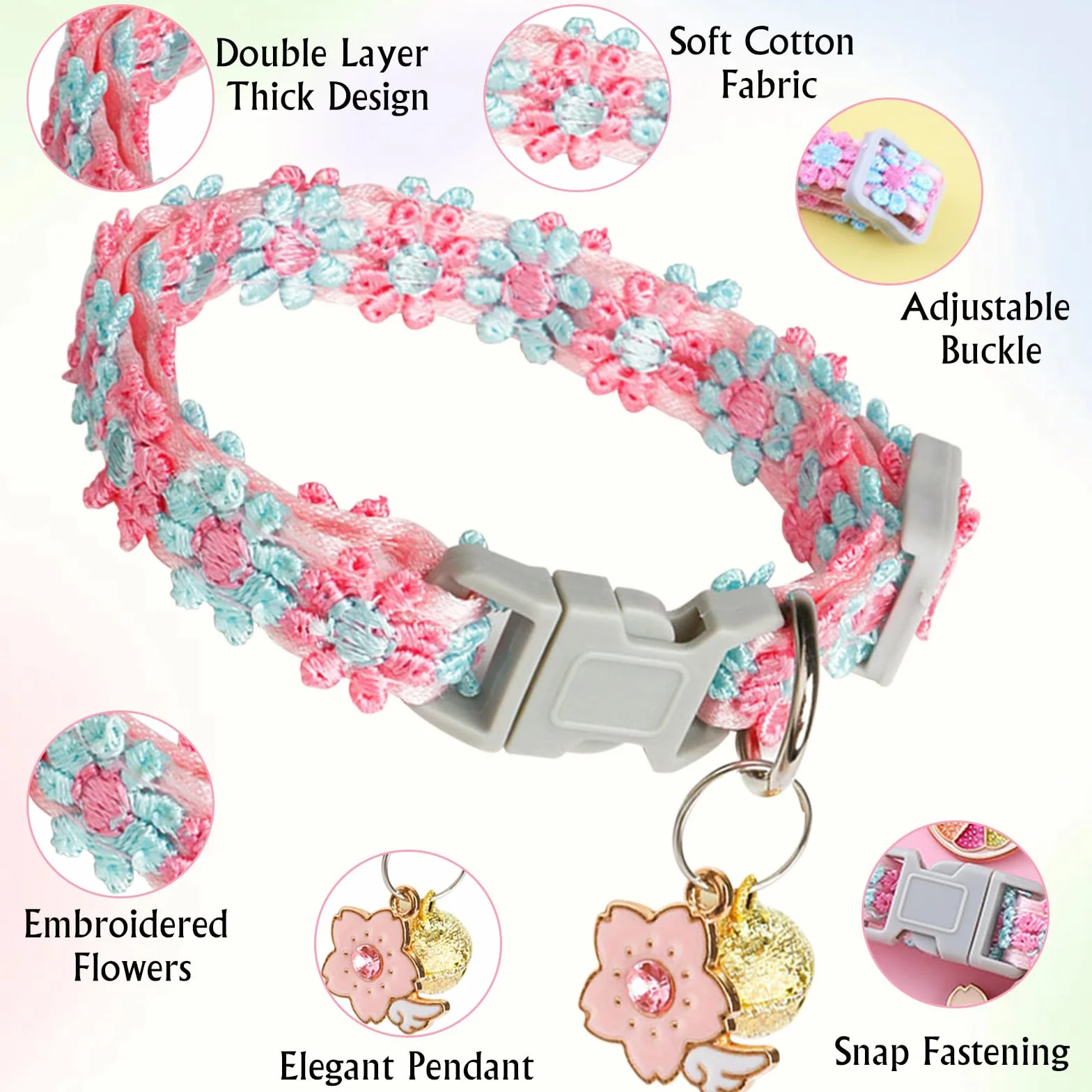 Kit Collier Chat 3 Pièces, Broderie Florale Collier Chaton avec Pendentif et Clochette, Réglable pour Chatons et Petits Chien, Durable