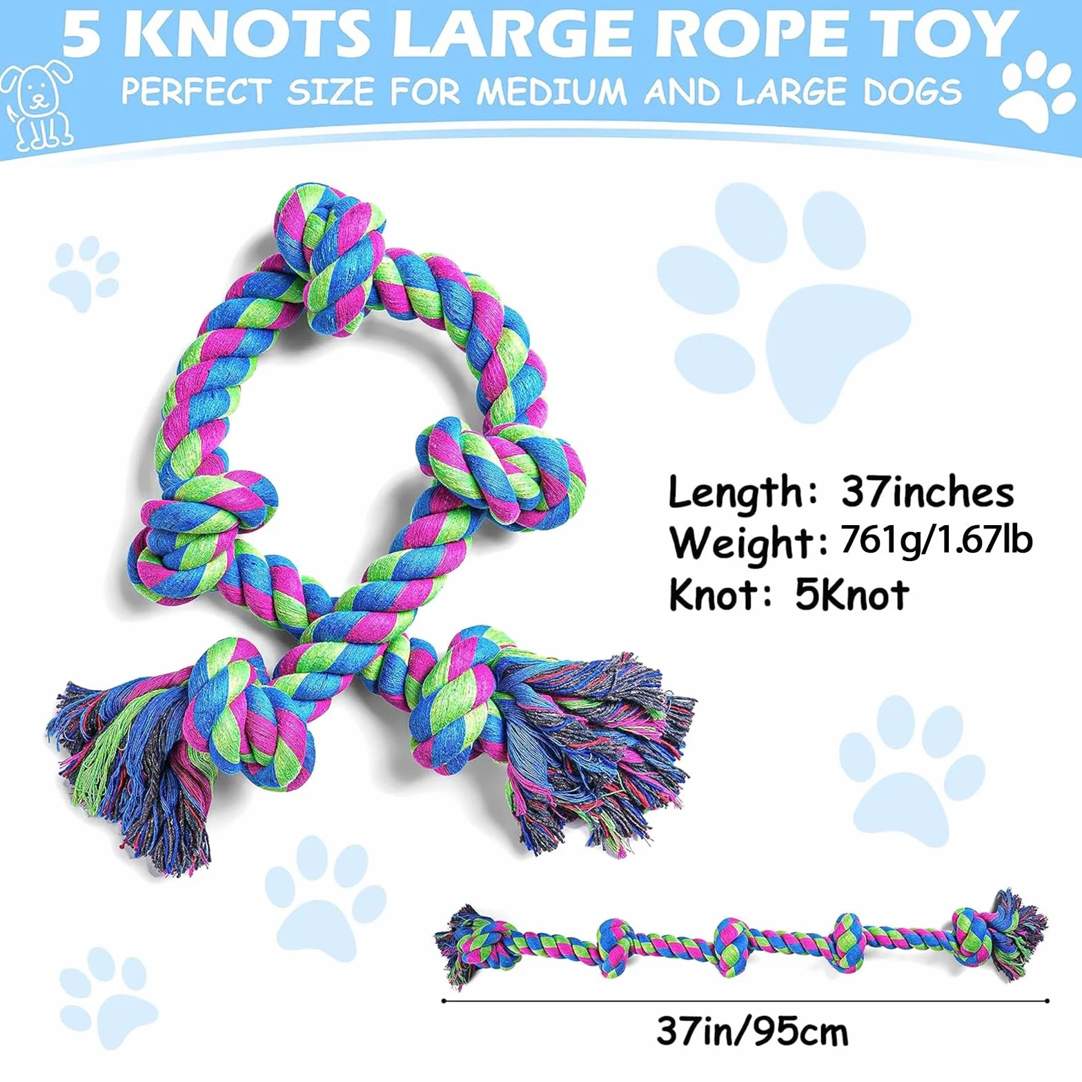 Jouet Chien Indestructible 95 cm Corde à 5 Nœuds 100% Coton pour Gros Chiens