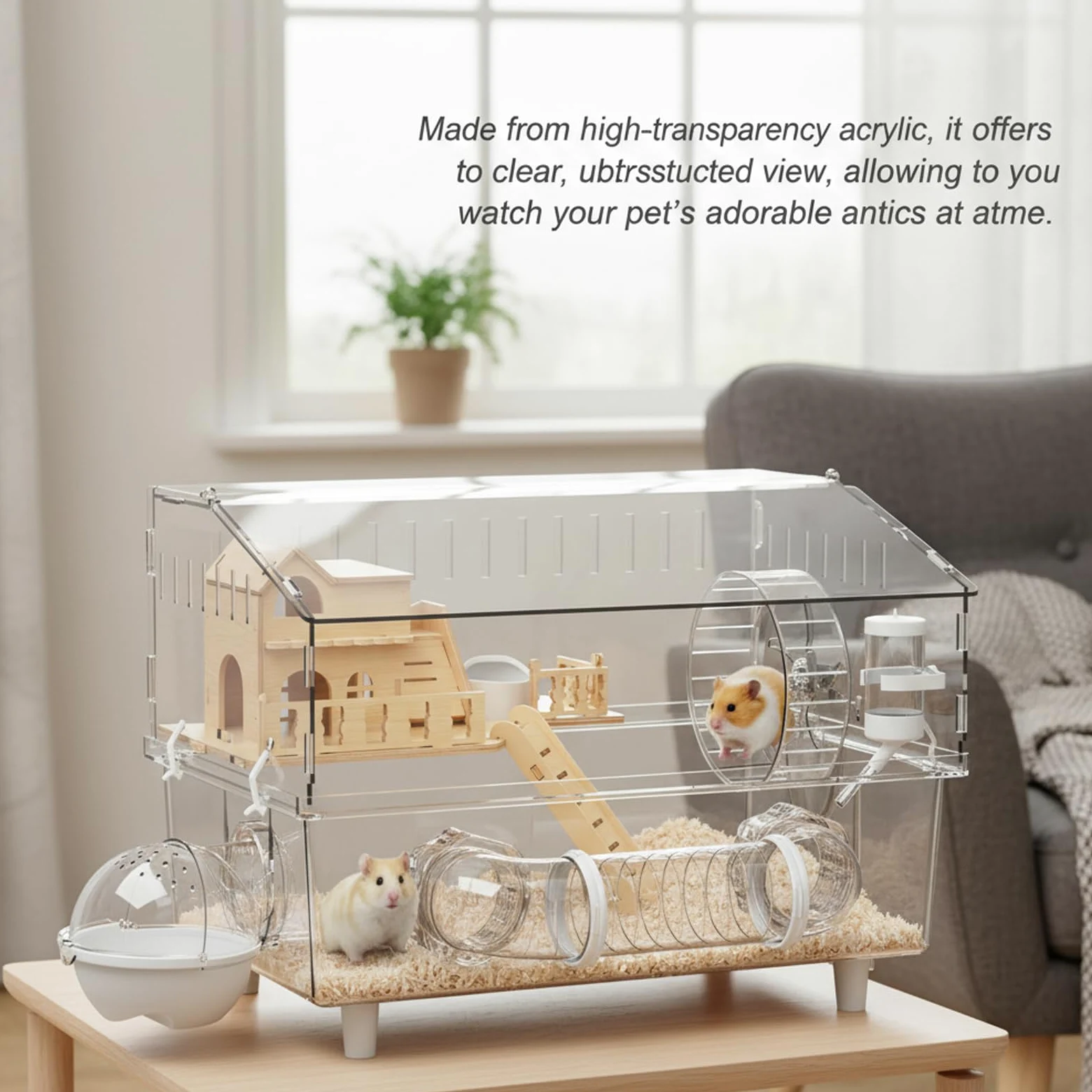 Cage à Hamster, Habitat spacieux en Acrylique Transparent avec loft en Bois, Conception Anti-évasion pour Hamsters et Souris, Cage à Souris