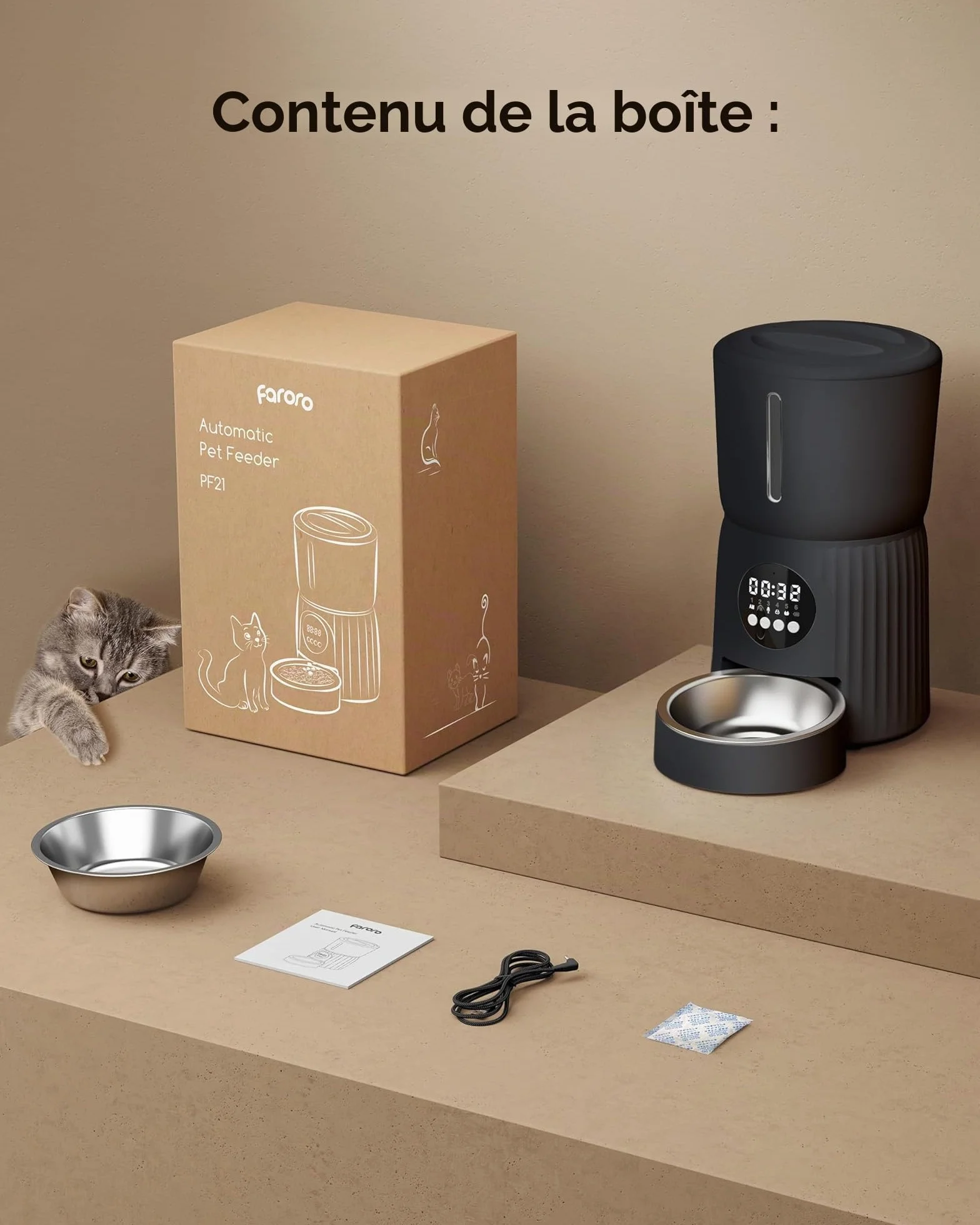 Faroro Distributeur Croquettes Chat Automatique 4L avec Contrôle des Portions, Enregistrement Vocal 10s, Alimentation Lente Noir