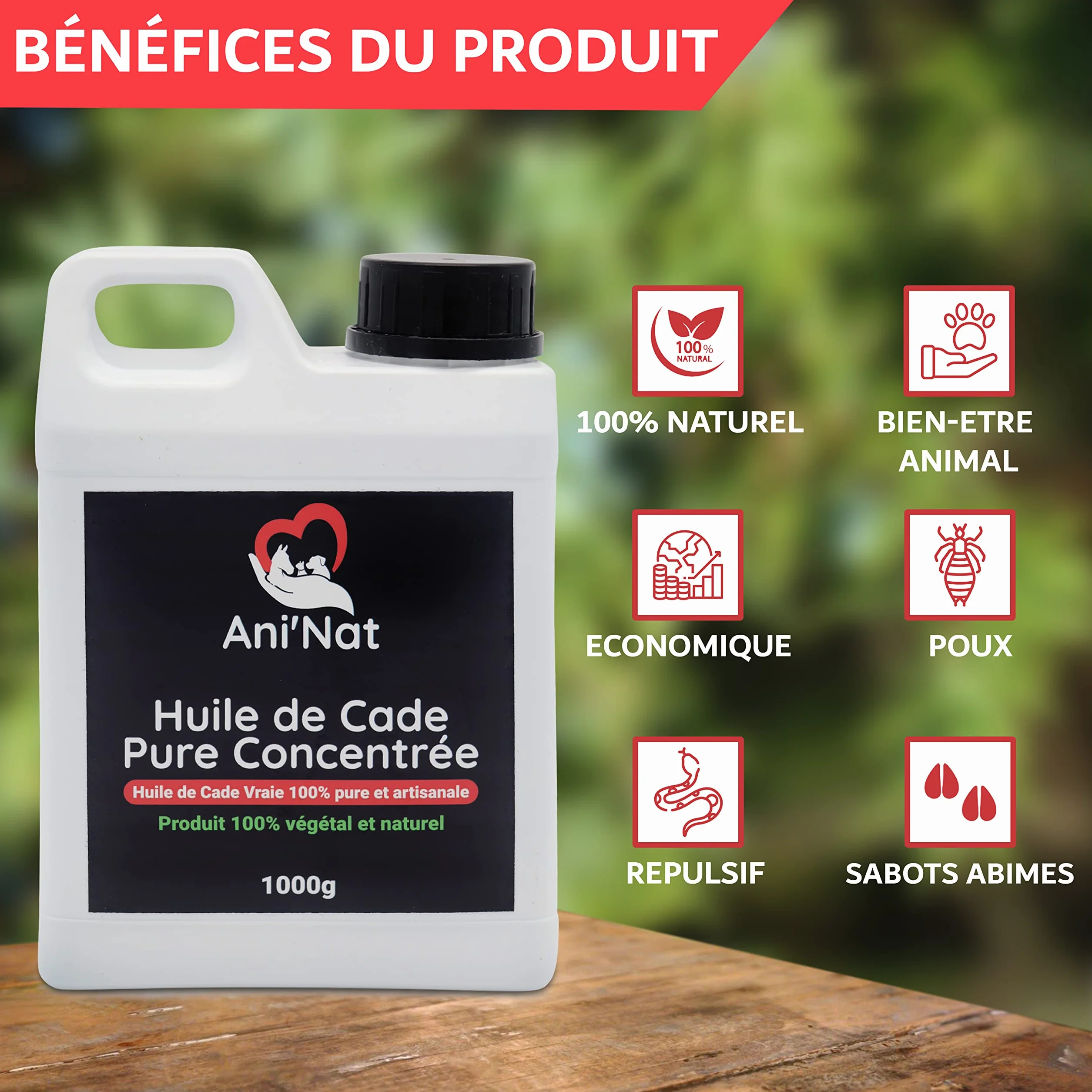 AniNat Huile de Cade Pure Concentrée 100% Naturelle - Soin des Pattes des Poules, Sabots Chevaux - Bidon 1000g