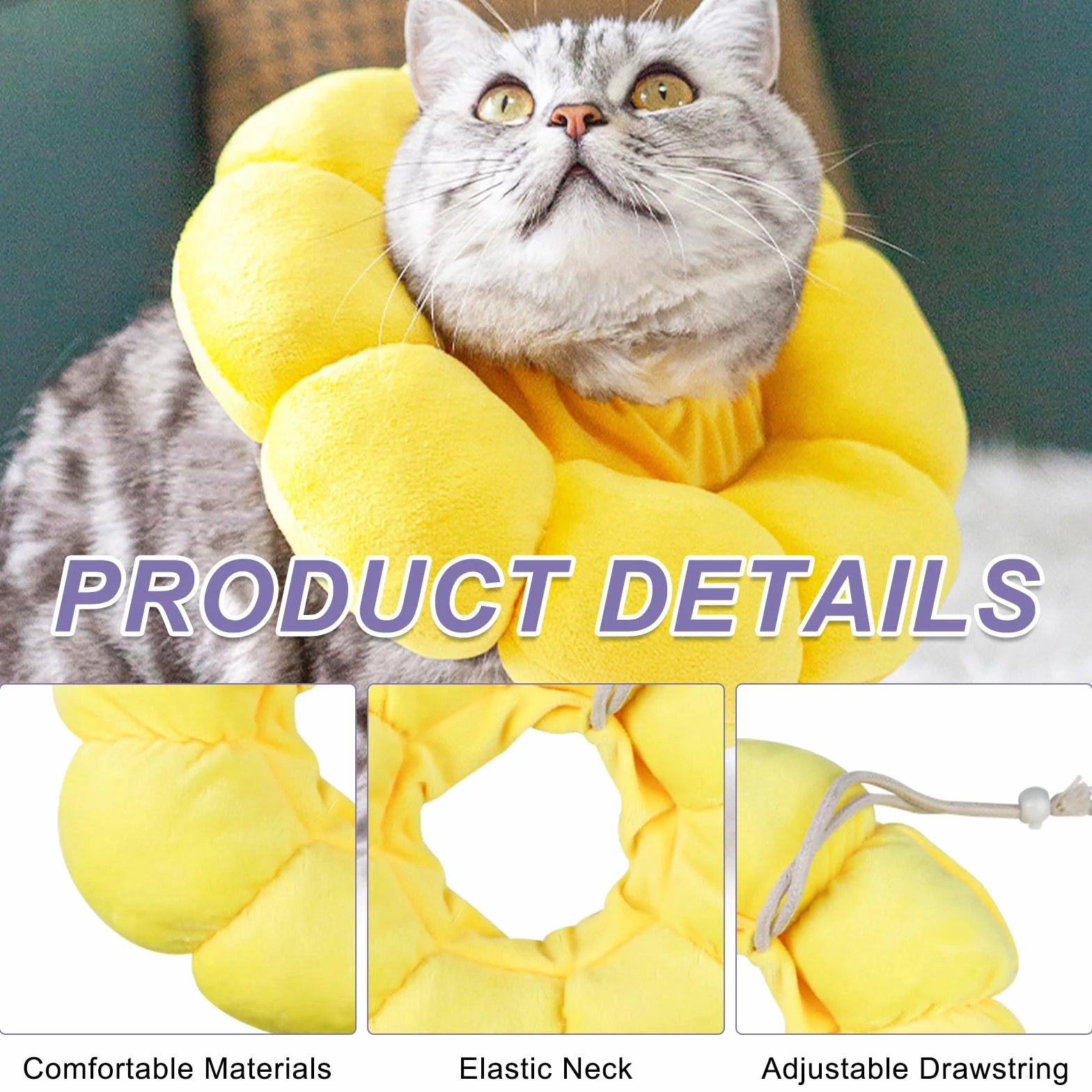 Collier de Protection Chat Tournesol, Collerette en Coton Suédé Respirant, Ajustable 14-22cm (M)