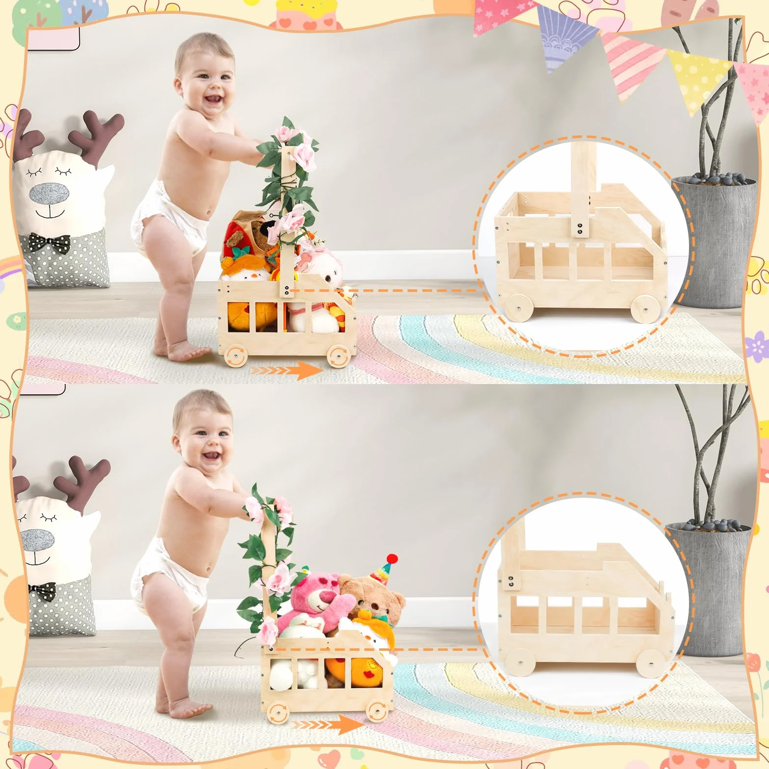 Coffret Cadeau en Bois avec Poignée et Roulettes pour Baby Shower