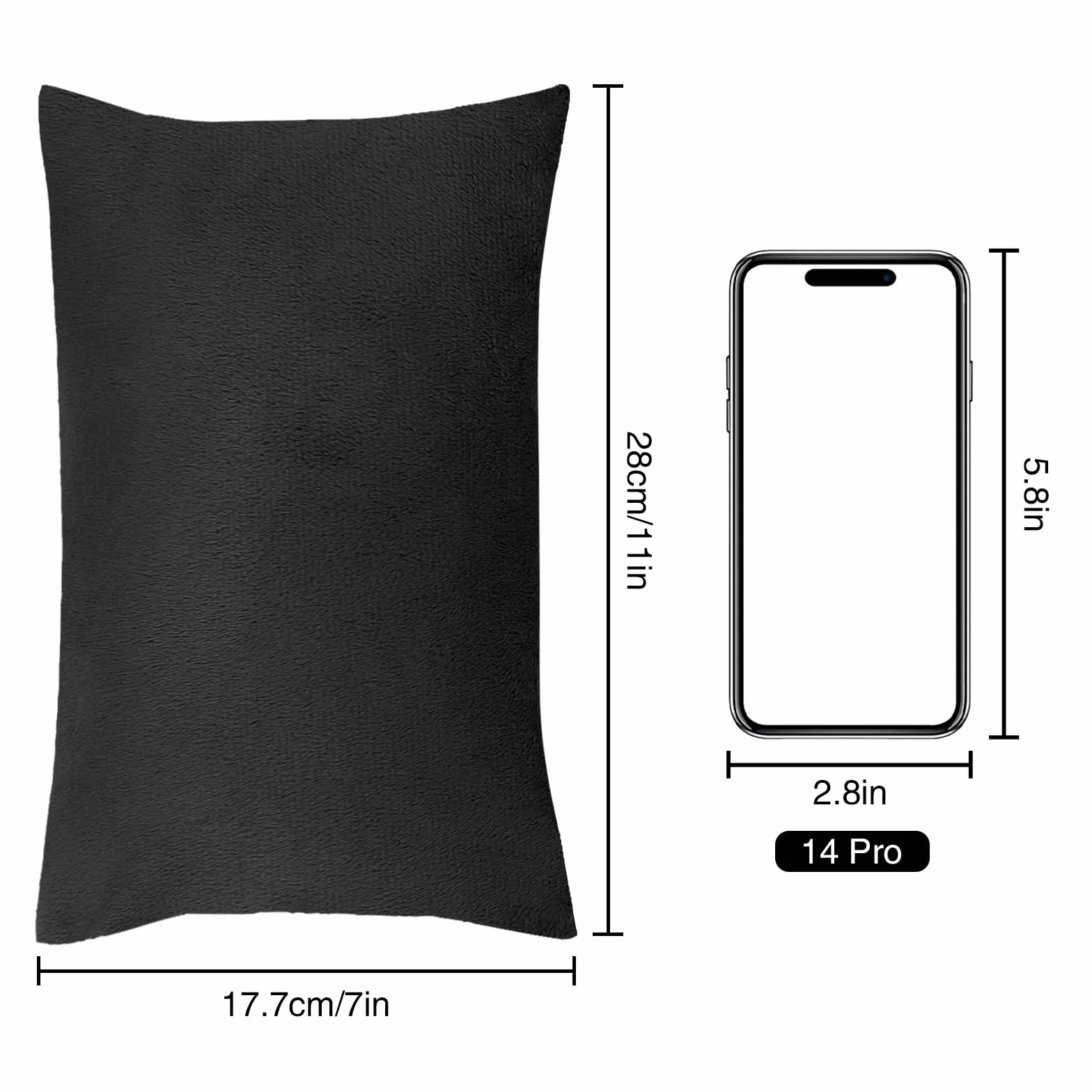Coussin de voyage rectangulaire en peluche 27,9 x 17,8 cm avec taie amovible noir