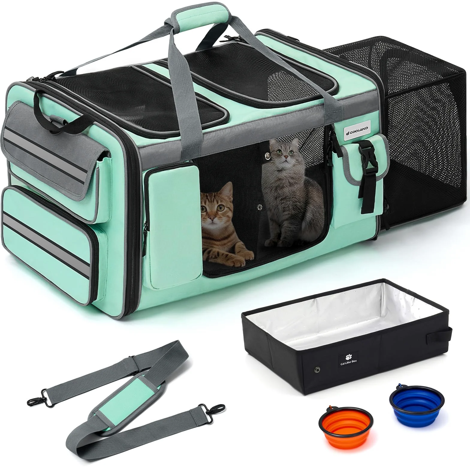 Odoland Transporteur pour Chat Extra Grand, Extensible pour 2 Chats, Sac de Voyage Pliable avec bac à litière, Double Compartiment, Transporteur Souple pour Voiture, Vert