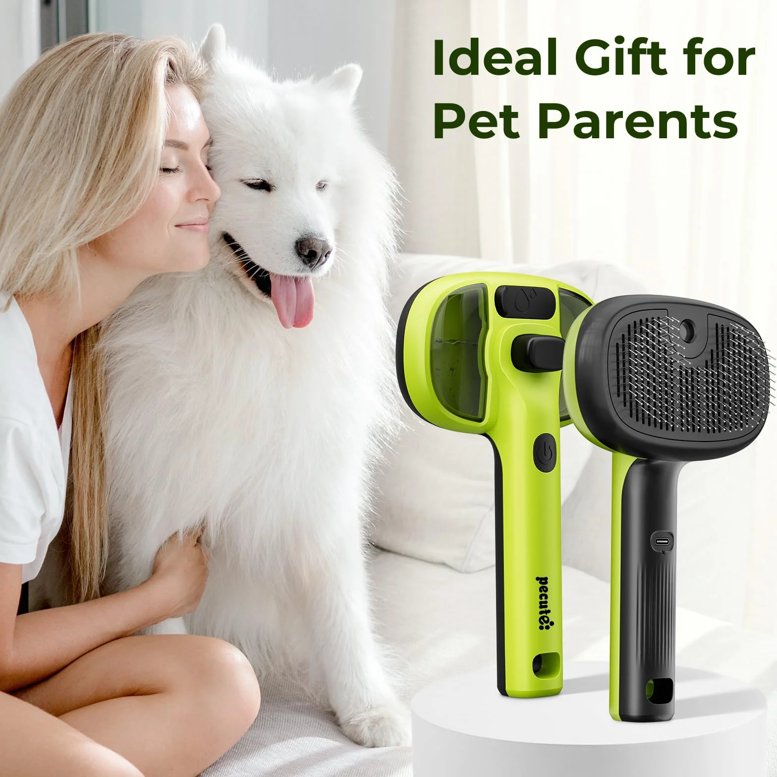 Pecute Brosse Autonettoyante Chat Chien Vapeur 2 Modes Pulvérisation Antistatique Vert