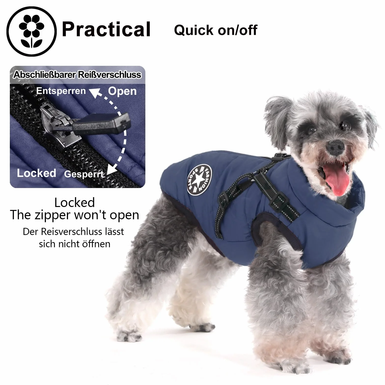 Manteau d'hiver chaud imperméable pour petit chien avec harnais et bandes réfléchissantes