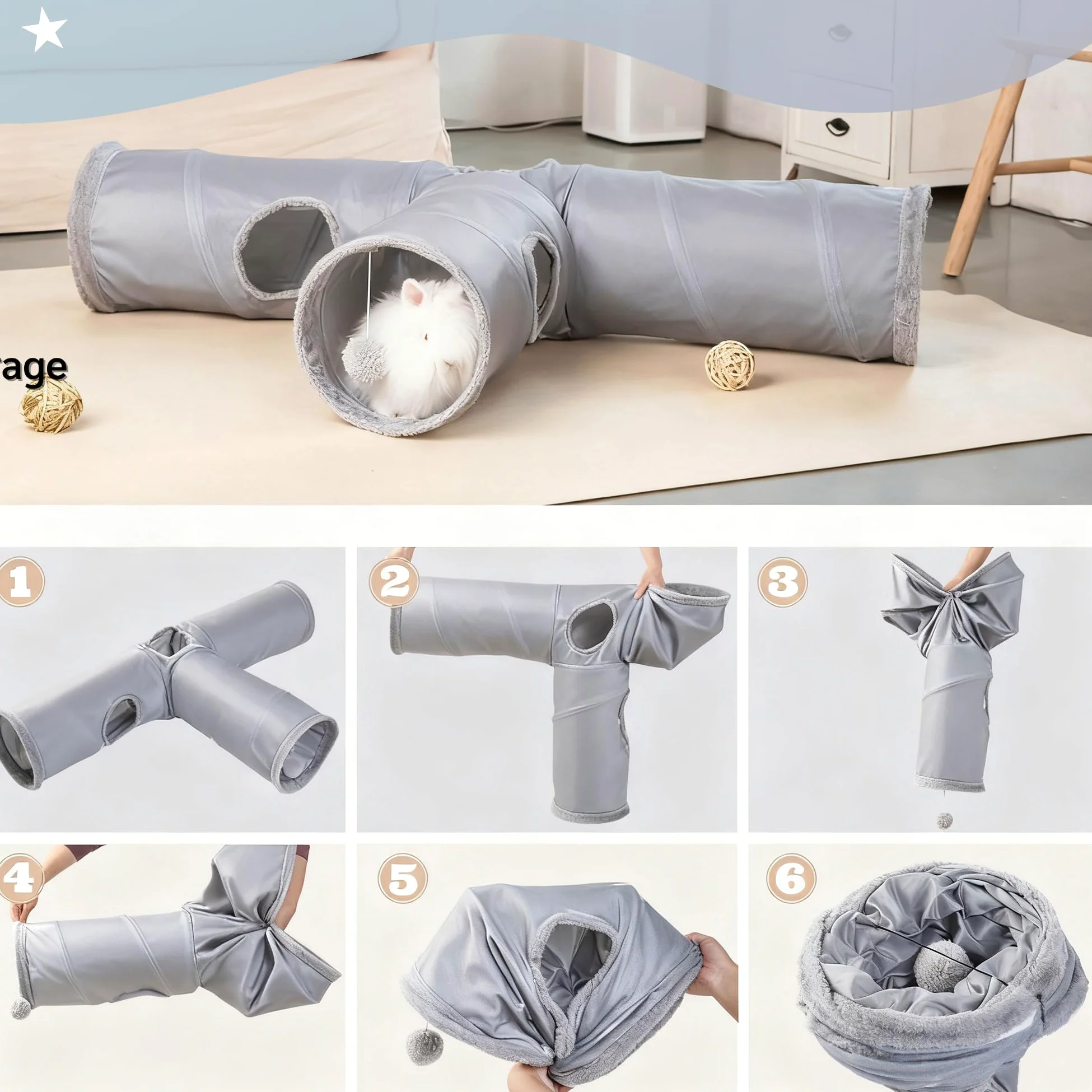JanYoo Tunnel pliable à 3 voies pour chat d'intérieur - Jouet pour animal domestique - Cachette pour lapin, cochon d'Inde, furet - Gris uni