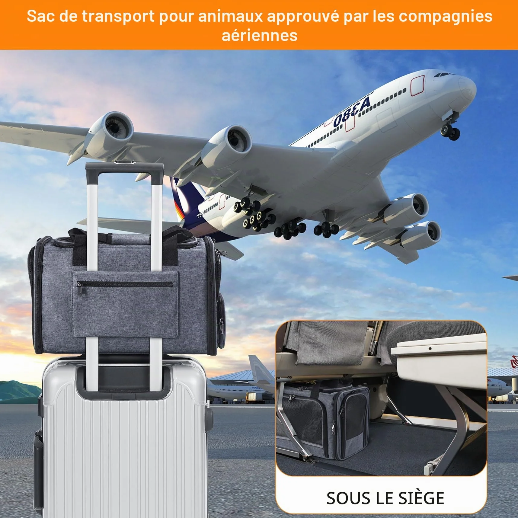 Sac de Transport pour Chat et Chien approuvé par l'avion TSA, côtés Souples, 44,5 x 21,6 x 27,9 cm, Gris
