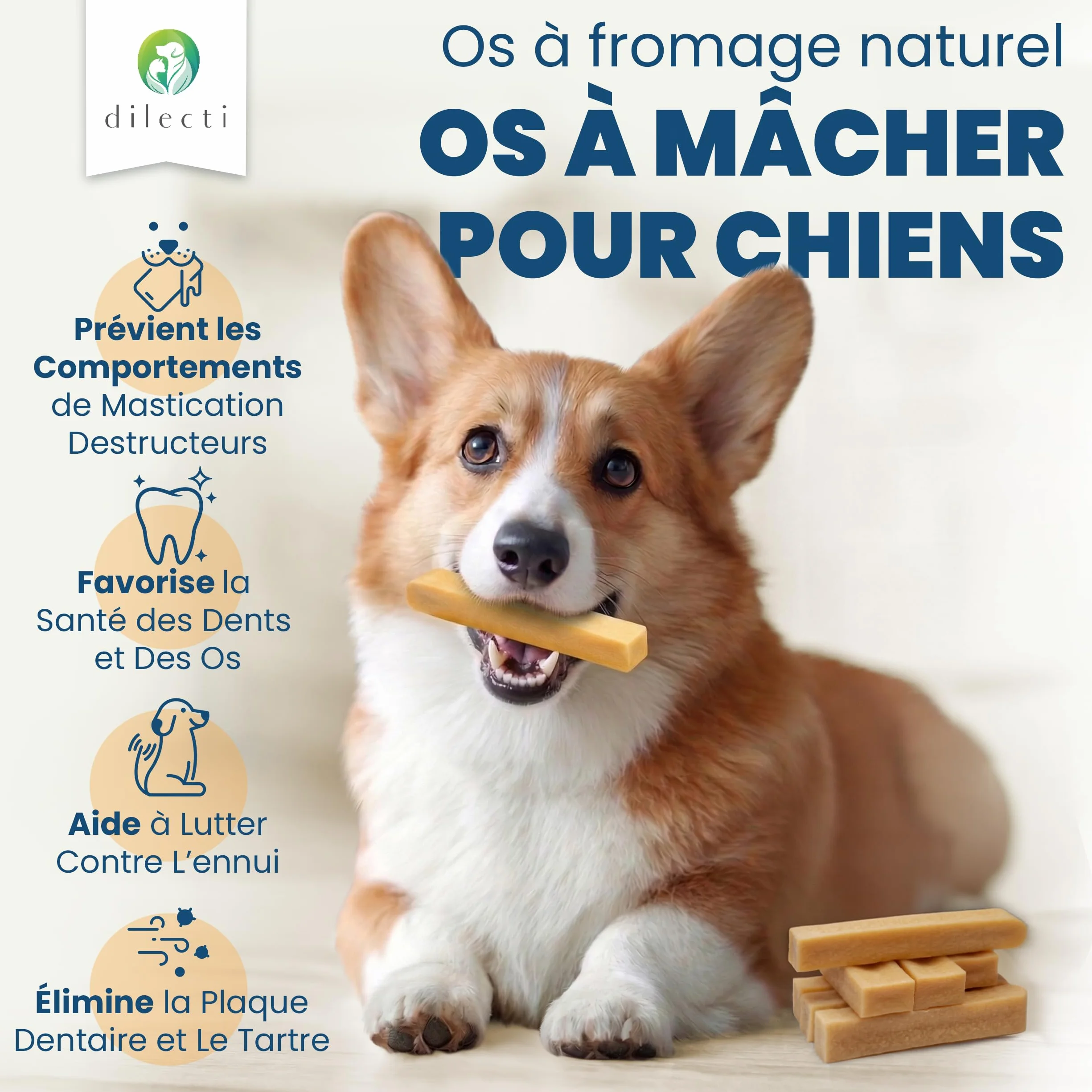 Dilecti Os au Fromage Naturel pour Chiens Friandises à Mâcher Taille L Lot de 3