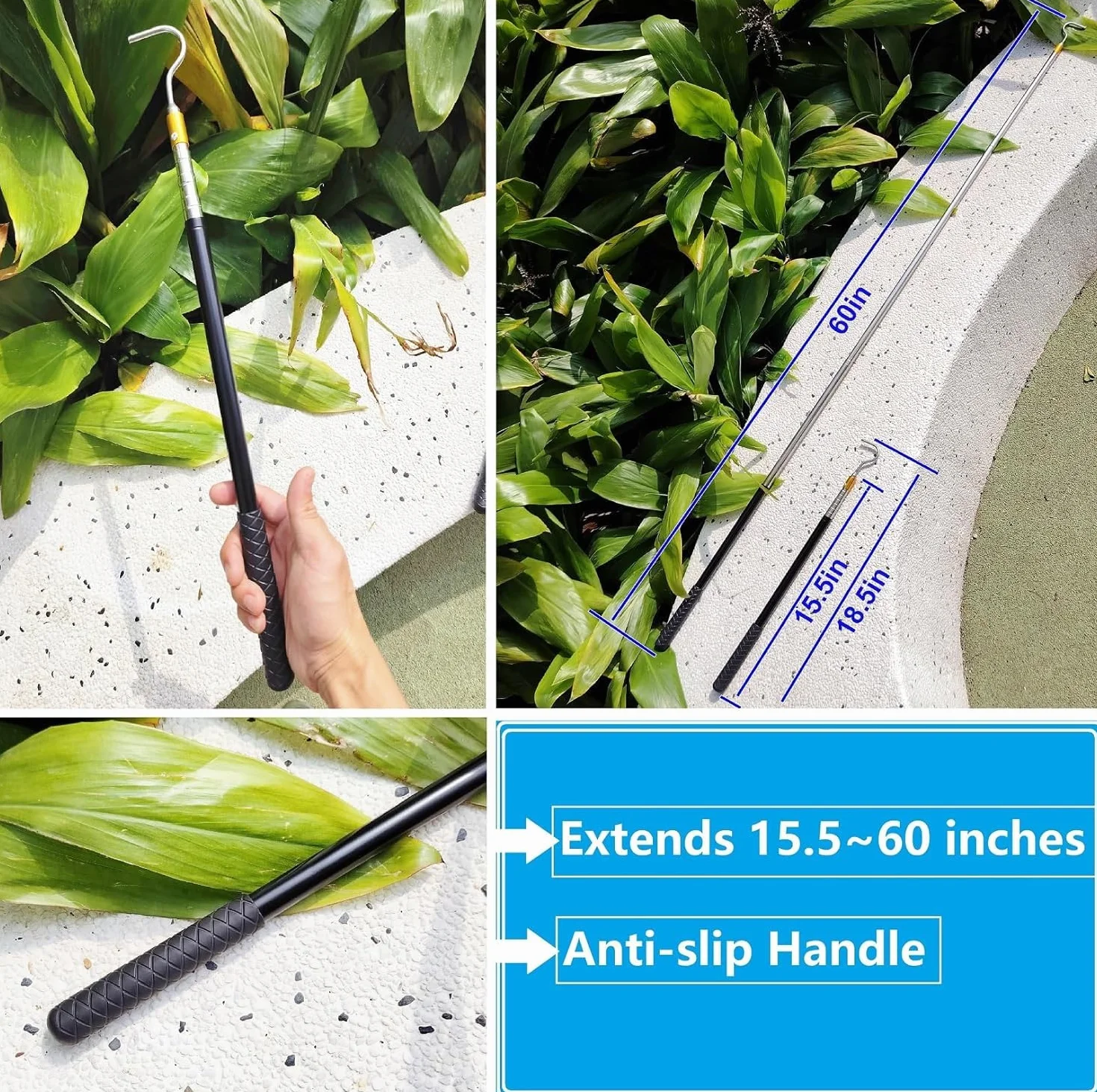 Mât Télescopique 150 cm Crochet Acier Inoxydable pour Ouvre-auvent Tige de Traction Rétractable