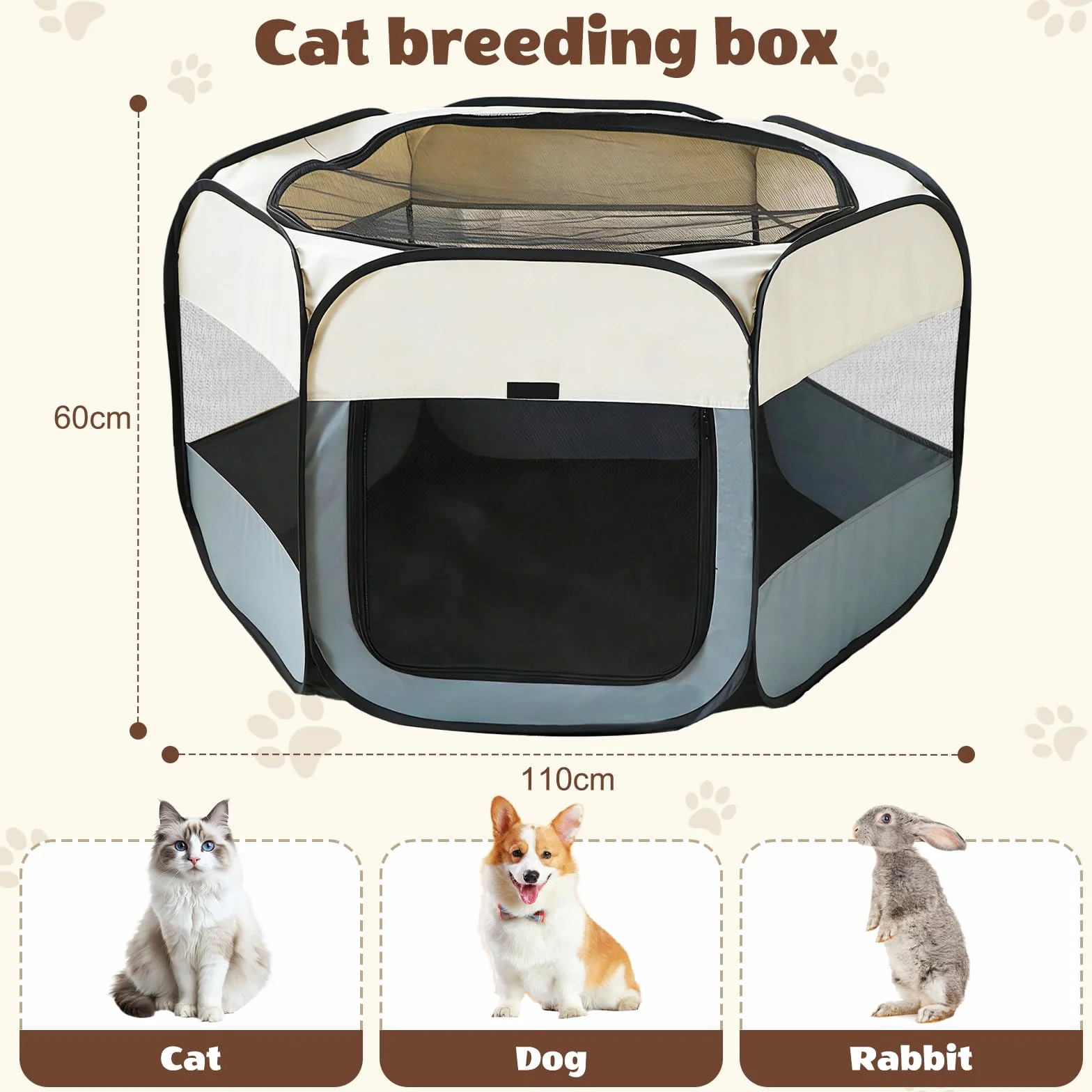 Parc pliable pour chiot 110 x 110 x 60 cm portable beige