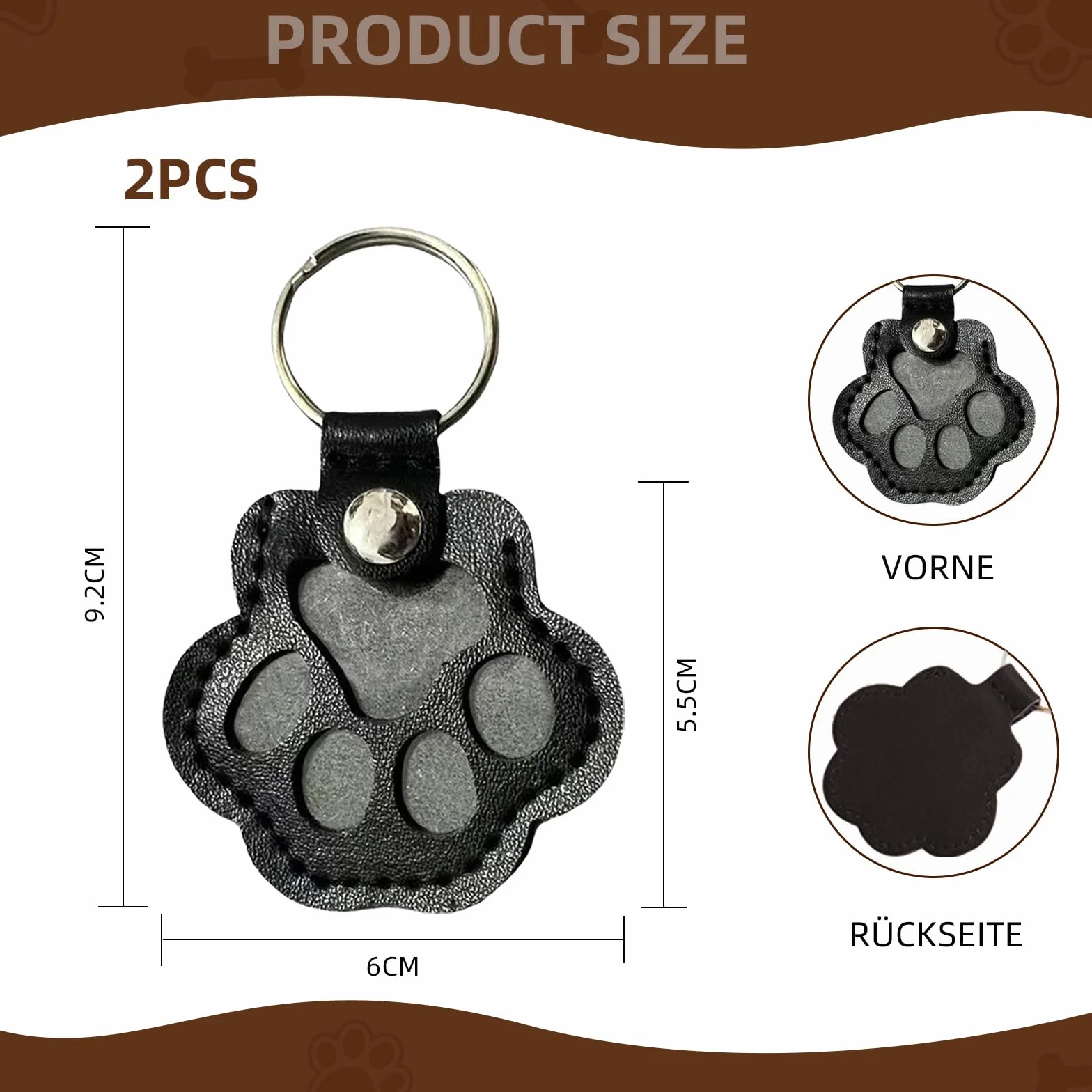 Lot de 2 porte-clés poils d'animaux, pendentif cuir patte chien souvenir